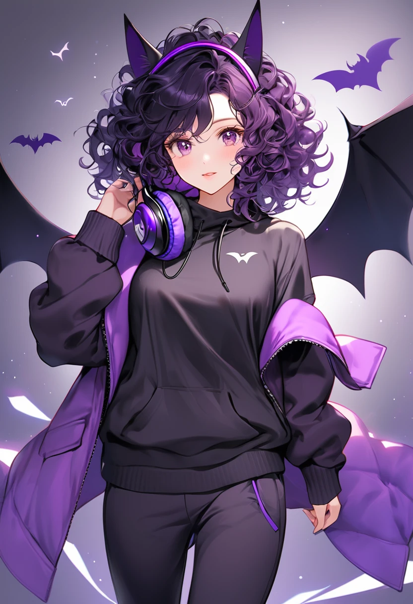 (well done:1) woman, bat ears and wings, shoulder-length dark purple curly hair, purple headset, black sweater, purple jacket, black sweatpants.