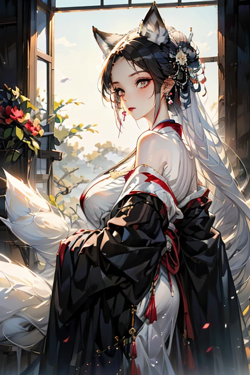 A black haired fox woman with violet eyes with an hourglass figure and black fox ears and a black fox tail in a pretty kimono is making tea in the kitchen