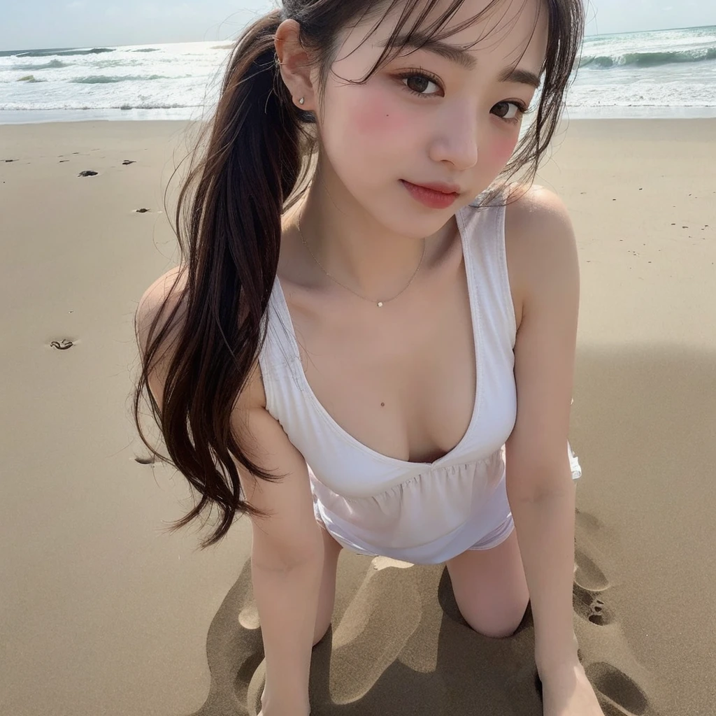 Beach、Completely naked、Urine、Wet、It has sand on it、3p、Ponytail、Perfect Style、Delicate skin and facial texture、cute