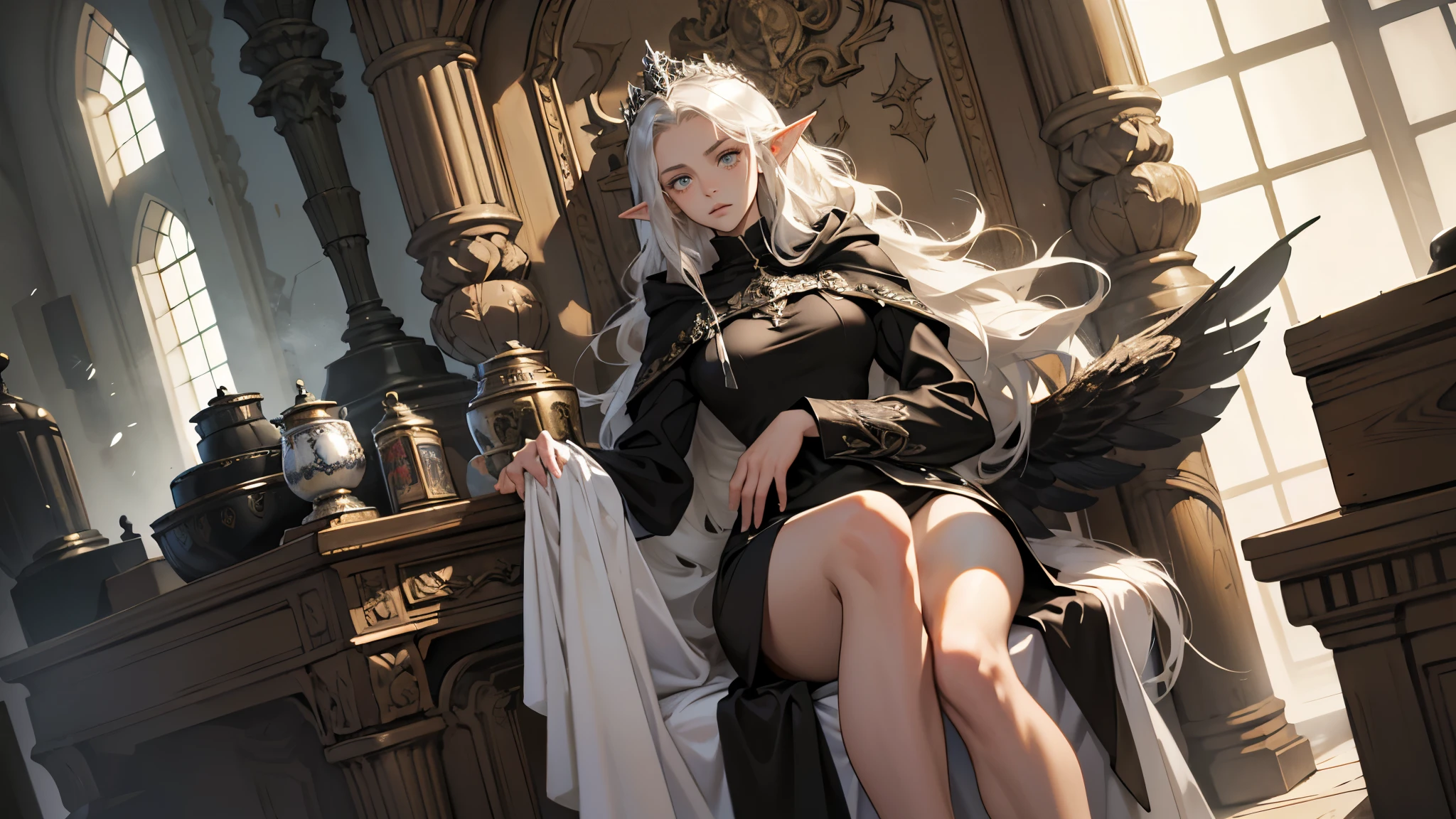 masterpiece, ultra detailed, 8K Portrait, Raw photo, a portrait photo of girl, Highly detailed face, beautiful and meticulous eyes, ((Fantasy)), (elf:1.0), 1woman, 30 year old, gray long hair, brown eyes, melancholy expression, tiara, skinny, (ultra thin black one-piece dress), hooded long white coat Fluttering in the wind, ((bare foots)), Midday Sun, Hyper realistic, out of medieval castle in the sky, sitting on the throne, Ambient lighting, Shadow details , strong breeze, Light fog
