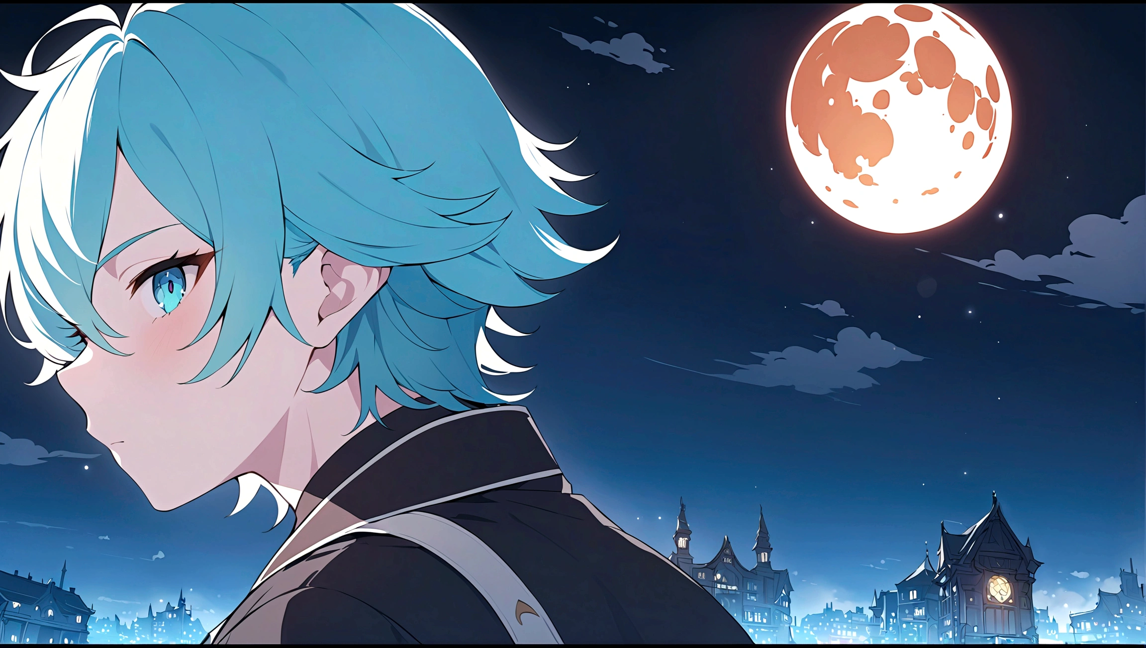 masterpiece, best quality, ((((1oldman)))), (colorful),(finely detailed beautiful eyes and detailed face),cinematic lighting,extremely detailed CG unity 8k wallpaper, sky, cloudy_sky, building, moonlight, moon, night, (dark theme:1.3), light, fantasy, (((Only one character))), Profile, 1 boy, male, cyan hair, cyan eyes, Diluc Genshin Impact, Sinon Gun Gale Online, Final Fantasy XIV, Serena expression.