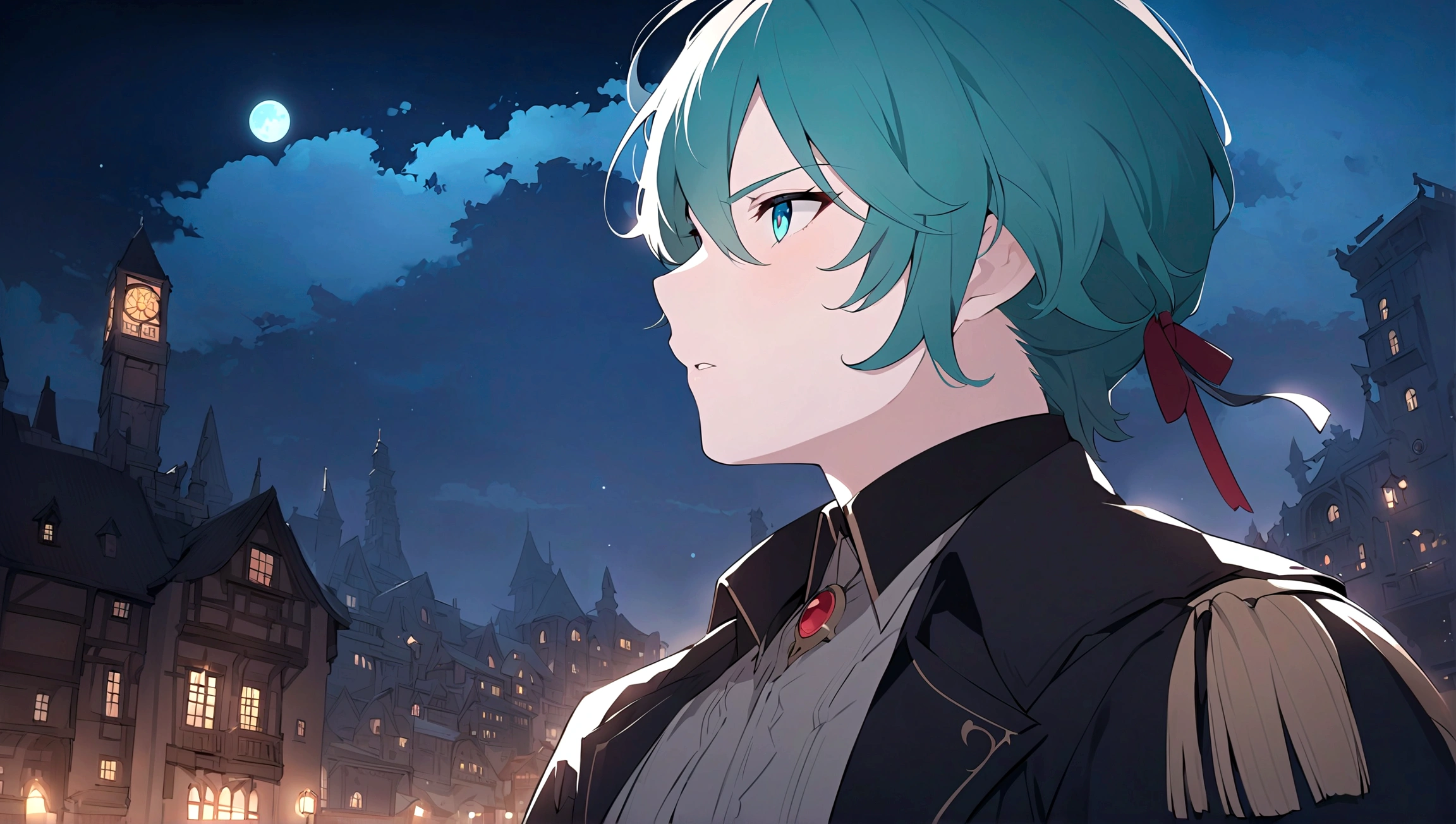 masterpiece, best quality, ((((1oldman)))), (colorful),(finely detailed beautiful eyes and detailed face),cinematic lighting,extremely detailed CG unity 8k wallpaper, sky, cloudy_sky, building, moonlight, moon, night, (dark theme:1.3), light, fantasy, (((Only one character))), Profile, 1 boy, male, cyan hair, cyan eyes, Diluc Genshin Impact, Sinon Gun Gale Online, Final Fantasy XIV, Serena expression.