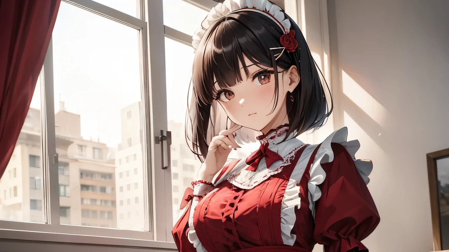 A beautiful girl wearing a red maid outfit with lots of frills and lace　Long sleeve　Silver bob with hair ornament　Upper Body