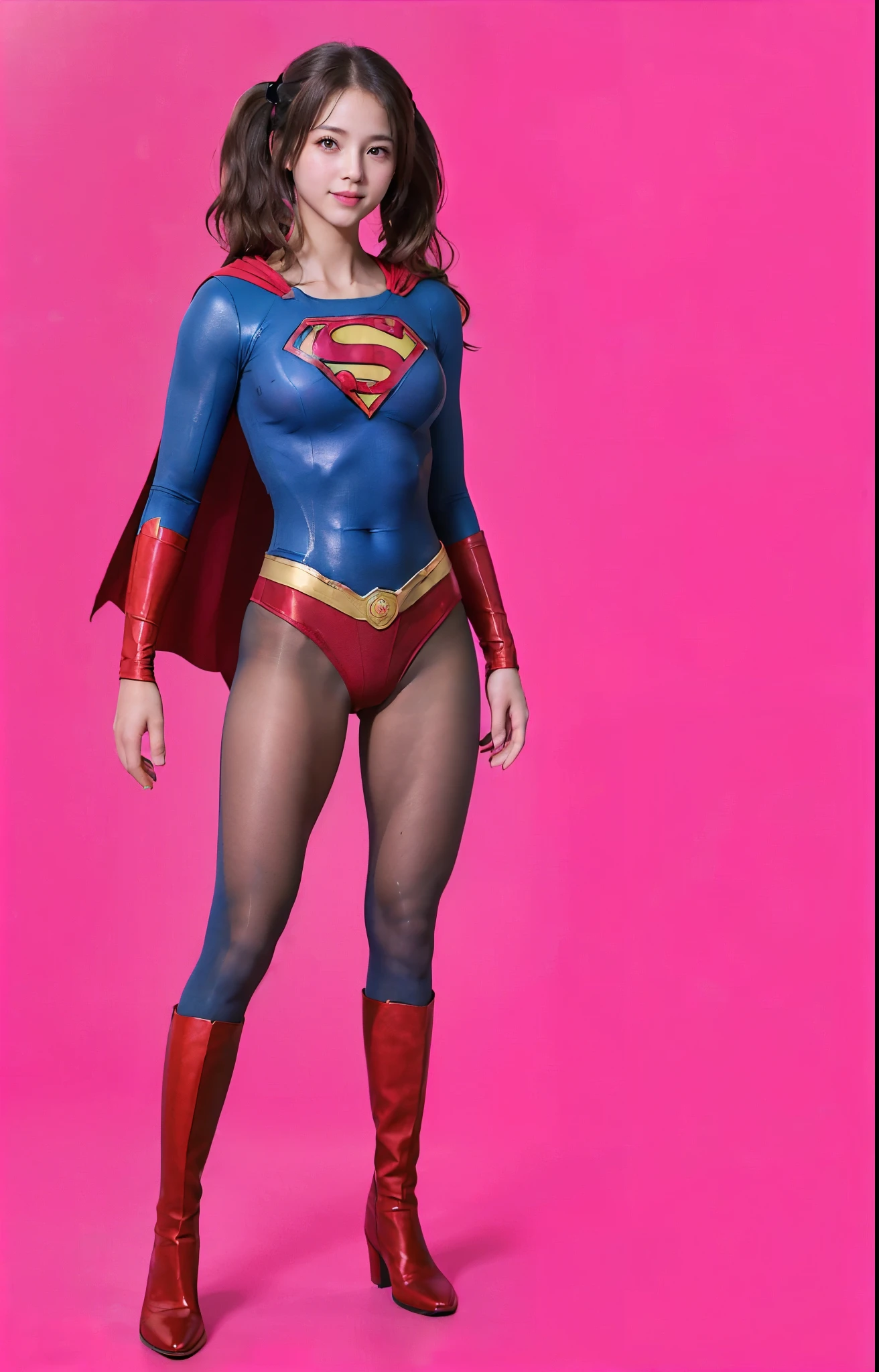 No background、(((Beautiful legs in black tights.)))、(((Legally express the beauty of your smile)))、((((Make the most of your original images)))、(((体にぴったりフィットするSupergirl Costume)))、(((Supergirl Costume)))、(((Beautiful twin tail hairstyle)))、(((She is winking cutely.)))、(((Please wear black tights....、Wear red boots)))、((Best image quality、8k))、((highest quality、8k、masterpiece:1.3))、(((Preserve background )))、Sharp focus:1.2、Beautiful woman with perfect figure:1.lim Abs:1.2、Wet body:1.5、Highly detailed face and skin texture、8k