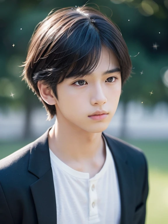 (photorealistic, masterpiece, 8K HD, good lighting quality, portrait, closing up on face, intricate details), a handsome young Japanese boy, 20 years old, cute, wistful gaze, detailed face, detailed eyes, looking at the sky, black eyes, (pale skin), slim build, black hair, smooth hair, hair bangs, relatively long hair, outdoors, constellation, cosmical, dreamy world, surrealism, ethereal, slender body , cute boy ,baby face 
