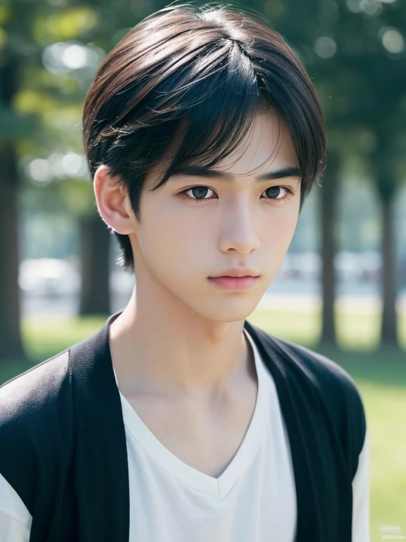 (photorealistic, masterpiece, 8K HD, good lighting quality, portrait, closing up on face, intricate details), a handsome young Japanese boy, 20 years old, cute, wistful gaze, detailed face, detailed eyes, looking at the sky, black eyes, (pale skin), slim build, black hair, smooth hair, hair bangs, relatively long hair, outdoors, constellation, cosmical, dreamy world, surrealism, ethereal, slender body , cute boy ,baby face 
