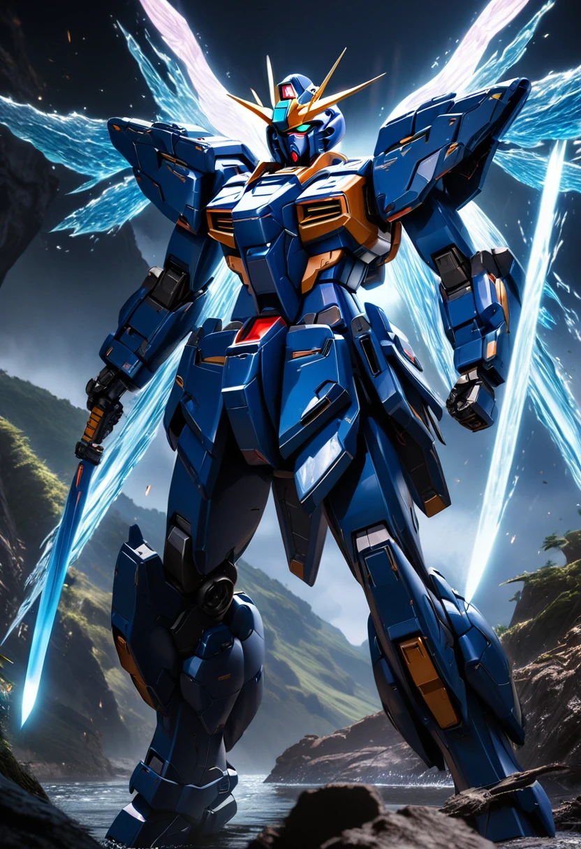 a highly detailed and intricate blue gundam mecha, beautifully rendered in the gundam seed anime art style, wielding twin particle knives and a sword-like beam saber, with watery wings inspired by the water god suijin, dramatic lighting, cinematic composition, highly detailed, hyper realistic, 4k, 8k, masterpiece
