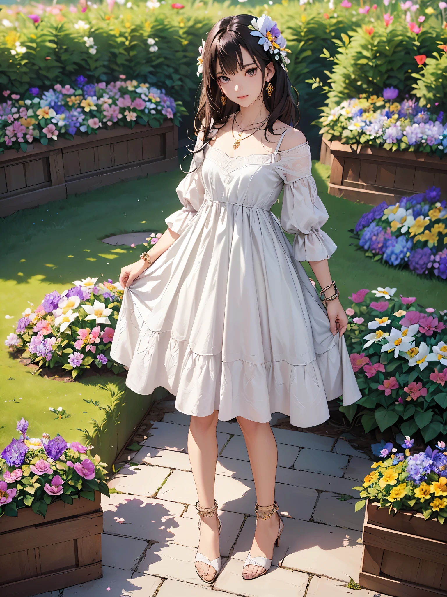 ((Biologically correct limb count))、((Full Body Shot, Full-body photo including face、Head to toe photos))、4K、masterpiece、((Focus on the face))、((Symmetrical facial features))、Eyes of meticulous depiction、One beautiful woman、Excellent style、(stockings、High heels with anklets)、Detailed Description、Small earrings、necklace、(Low - Angle)(((The background is a flower bed in full bloom)))