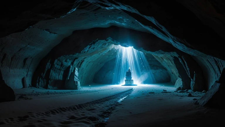 Un escenario en la se muestra la entrada de una cueva iluminada tenuemente