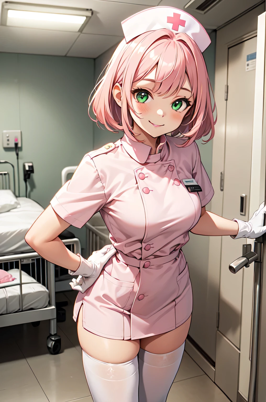 1girl, solo, nurse, white nurse cap, white nurse uniform, ((white legwear, zettai ryouiki)), white gloves, pink hair, green eyes, drooping eyes, smile, standing, ((hospital room)), sharp outline, short sleeves, best quality, masterpiece