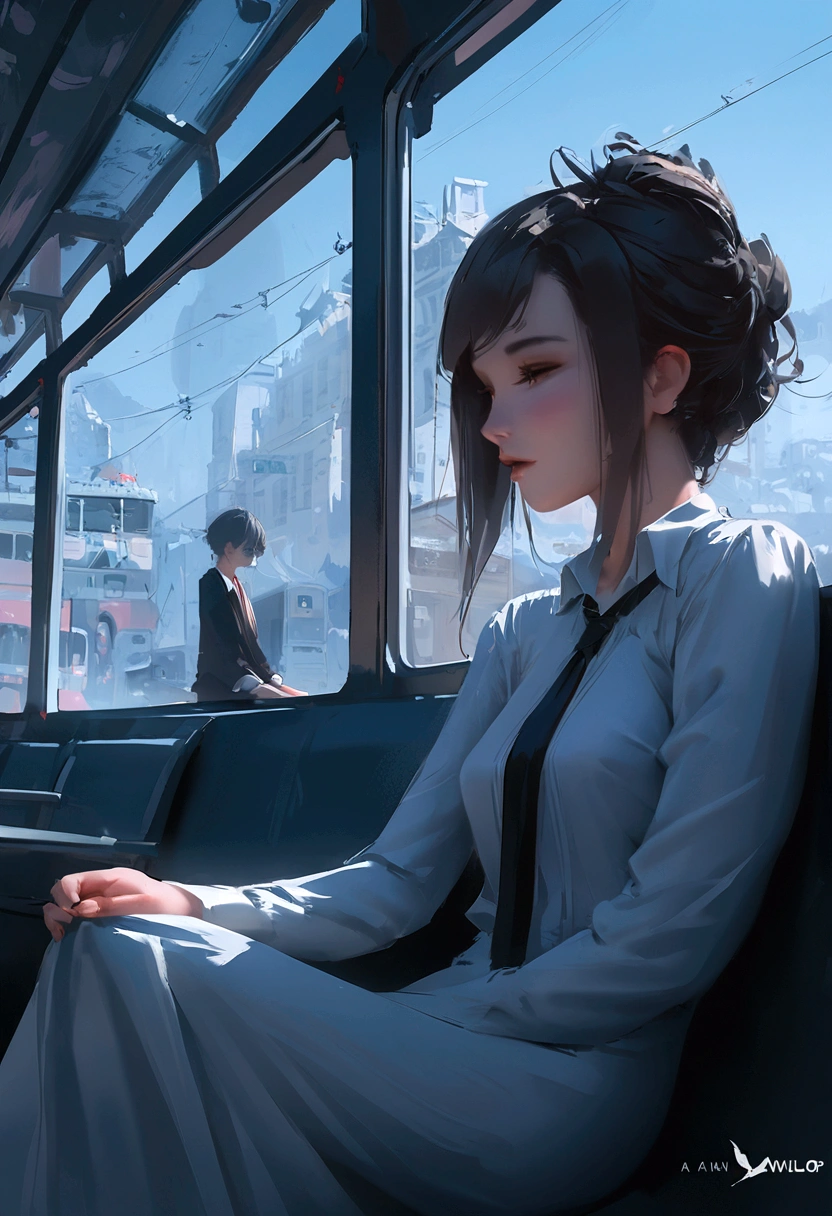 Anime couple sitting on a bus together in the city, Written by Lu Ji, Urop's painting style, art of Wlop, From wlop, by Tandy, Urban Fantasy Romance Book Cover, Wallop Art, By An Zhengwen, cgsociety 9, by Li Di, by Yao Tingmei, Altgerm and Ilya Kushinov, Sleep with love