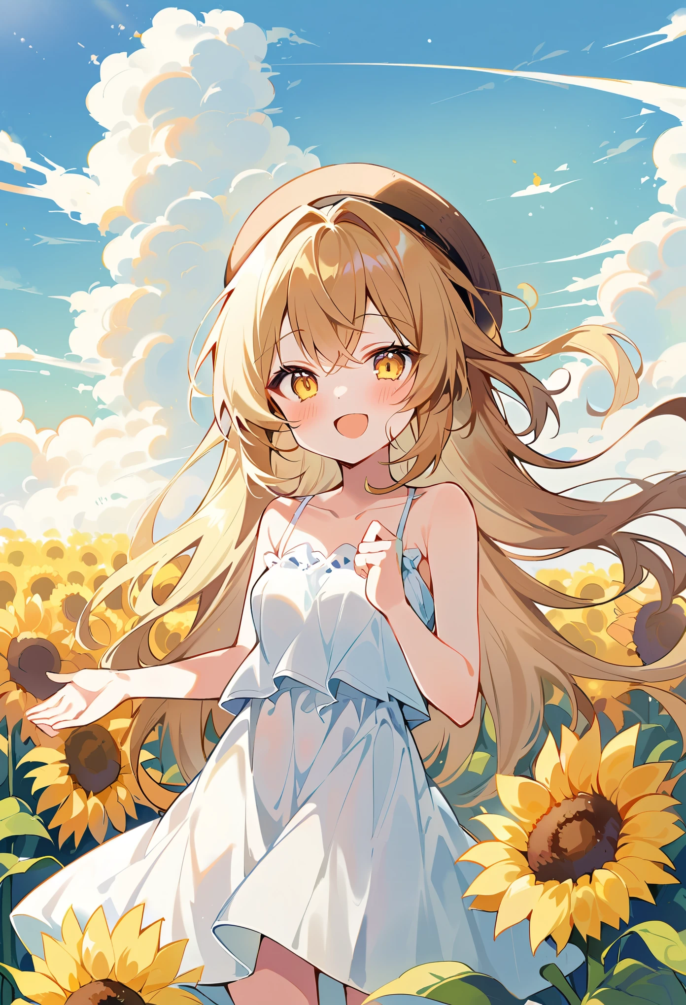 (\Shen Mingxiao NV\),alone, flower, Outdoor, Have, Long Hair, sunflower, smile, Day, View Viewer, null, Open your mouth, :d, chest, No sleeve, Exposing shoulders, cloud, skirt, Yellow Eyes, Bare arms, clavicle, white skirt, flowerびら, very Long Hair, yellow flower, bangs, Field, blue null, white dress, sun Have, dress, chestの谷間, flower Field, straw Have, blush, , Crop top, Are standing, shirt, Spaghetti Straps, medium chest, Raise your arms, Brown hat, Blurred, Raise your hand, Brown Hair