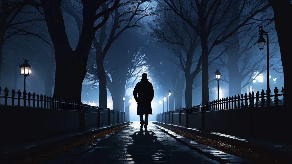A man's silhouette, bag, night, tree-lined streets, moonlight, dramatic lighting, cinematic, moody atmosphere, dark shadows, realistic, photorealistic, detailed, high resolution, 8K, best quality, masterpiece