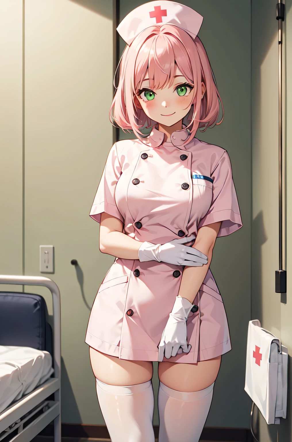 1girl, solo, nurse, white nurse cap, white nurse uniform, ((white legwear, zettai ryouiki)), white gloves, pink hair, green eyes, drooping eyes, smile, standing, ((hospital room)), sharp outline, short sleeves, best quality, masterpiece