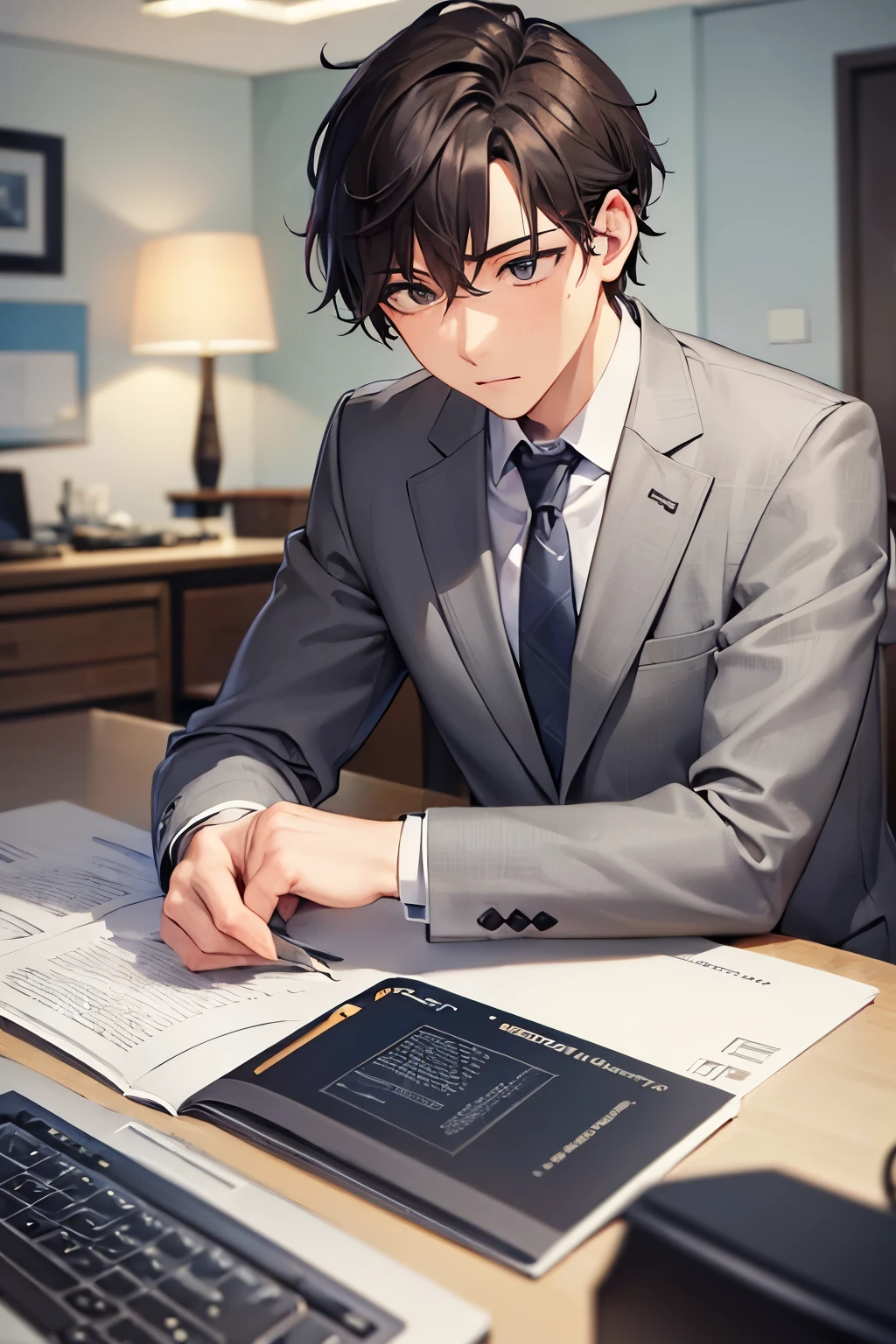 (looking away:1.5), side angle, upper body、masterpiece、highest quality、BREAK (25-year-old male:1.5) and (brown short hair) and (Colored eyes) BREAK (Grey suit:1.5) and (Blue tie)、Sitting、Serious expression, The background is the office、alone、I'm using a computer