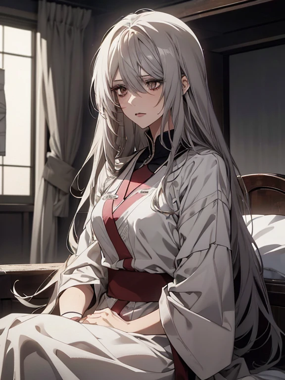 (Confused, High resolution, Very detailed), 1 female, Silver Hair,Long Hair,Reddish brown eyes,White patient gown,,Appearance of injury,24th generation,beauty,mature,thin,quiet,Calm,Sitting in a medical bed,右腕にbandageをしている,hospital,Injured,bandage