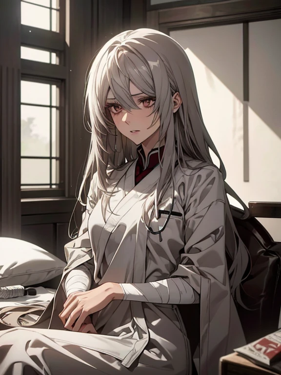 (Confused, High resolution, Very detailed), 1 female, Silver Hair,Long Hair,Reddish brown eyes,White patient gown,,Appearance of injury,24th generation,beauty,mature,thin,quiet,Calm,Sitting in a medical bed,右腕にbandageをしている,hospital,Injured,bandage