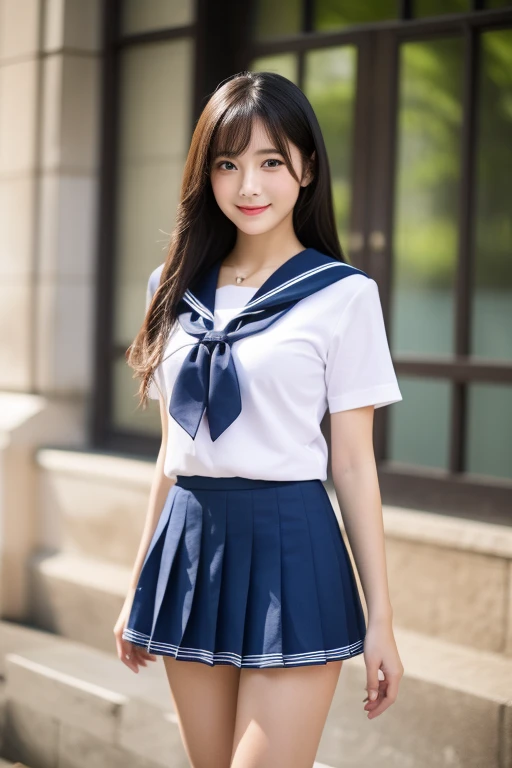(超High resolution,4K,Very detailed, photograph, 8k, High resolution, High resolution, Absurd:1.2),18 year old Japanese female,expensive,Long black hair,Beautiful character design,Beautifully detailed eye depiction,Perfect Face,Expressive eyes,Brown eyes,Please smile with your teeth showing,(Short sleeve, Cute white sailor suit, Dark blue pleated skirt, Navy sailor collar, Sailor scarf, socks, Brown Loafers:1.1),(Don&#39;Don&#39;t tuck your sailor uniform into your skirt:0.5),(Huge breasts:1.6),(See-through bra:0.3),Tight waist,In the living room,Daytime,Cowboy Shot