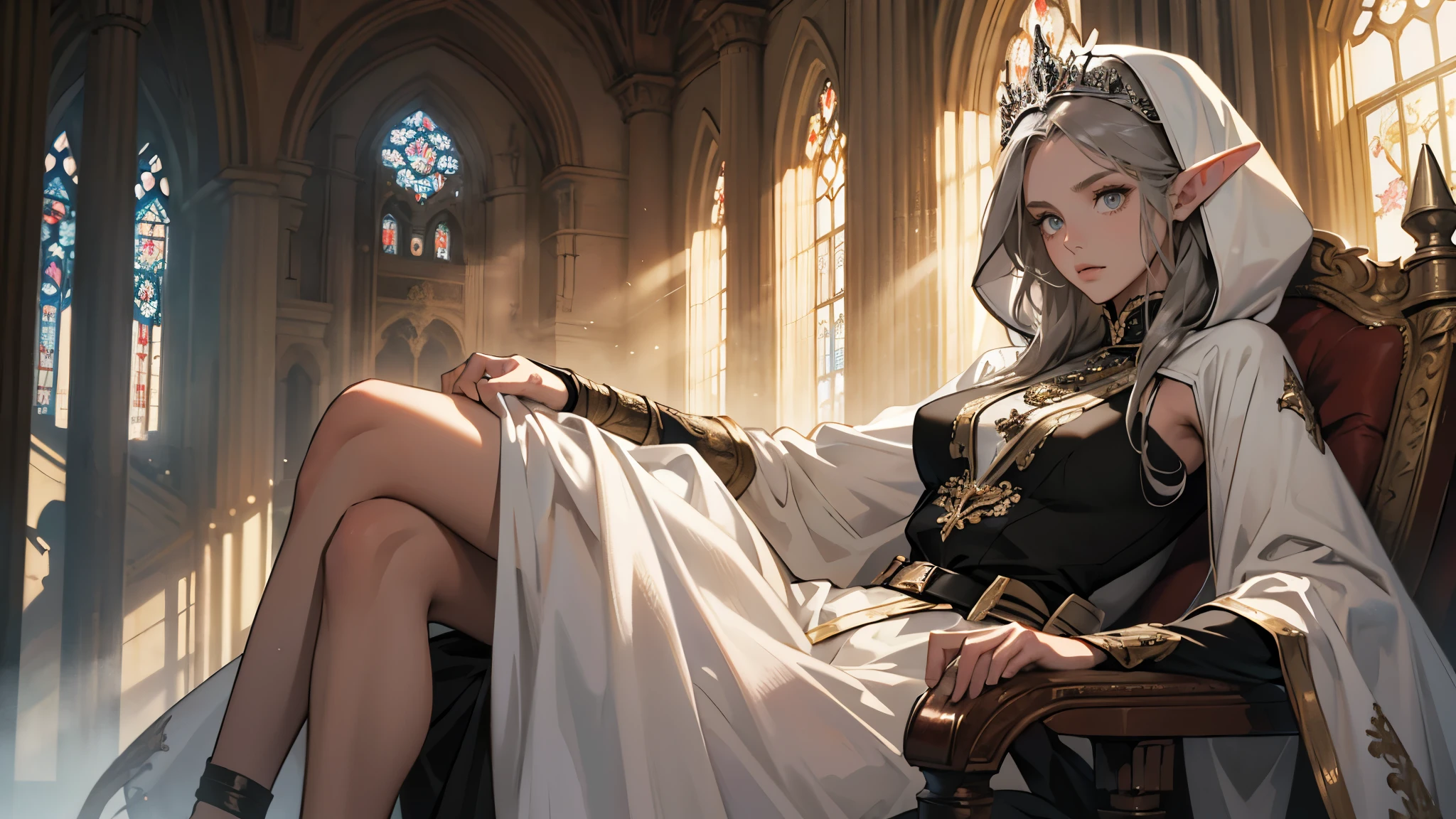 masterpiece, ultra detailed, 8K Portrait, Raw photo, a portrait photo of girl, Highly detailed face, beautiful and meticulous eyes, ((Fantasy)), (elf:1.0), 1woman, 30 year old, gray long hair, brown eyes, melancholy expression, tiara, skinny, (ultra thin black one-piece dress), hooded long white coat Fluttering in the wind, ((bare foots)), Midday Sun, Hyper realistic, out of medieval castle in the sky, sitting on the throne, Ambient lighting, Shadow details , strong breeze, Light fog