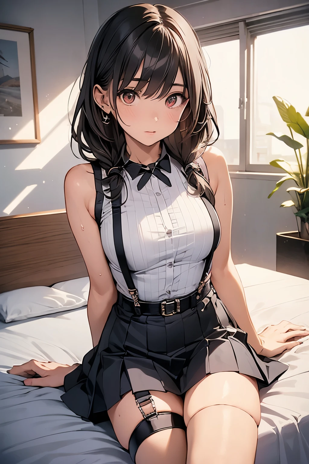 Gazing at the audience　　　Black suspenders　　　bulging big breasts　　 　 　　　wall 　mini skirt　garterbelt　garter　　　　　　vision　　　Small face　 　　　holster　　　Beautiful woman　　Show me your hands　　 Lying in bed　　vision 　　Taunt　~ side　~ side汗 　arm　　belt　summer　Armpit sweat
