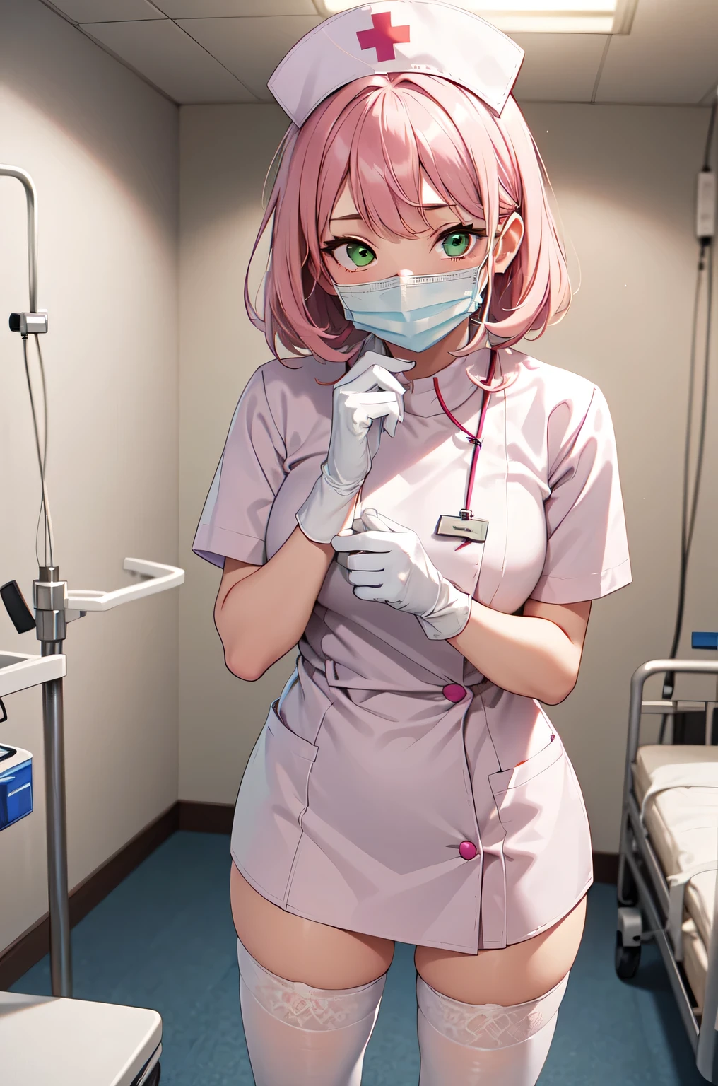 1girl, solo, nurse, white nurse cap, white nurse uniform, ((white legwear, zettai ryouiki)), white gloves, pink hair, green eyes, drooping eyes, ((white surgical mask, covered nose)), standing, ((hospital room)), sharp outline, short sleeves, best quality, masterpiece
