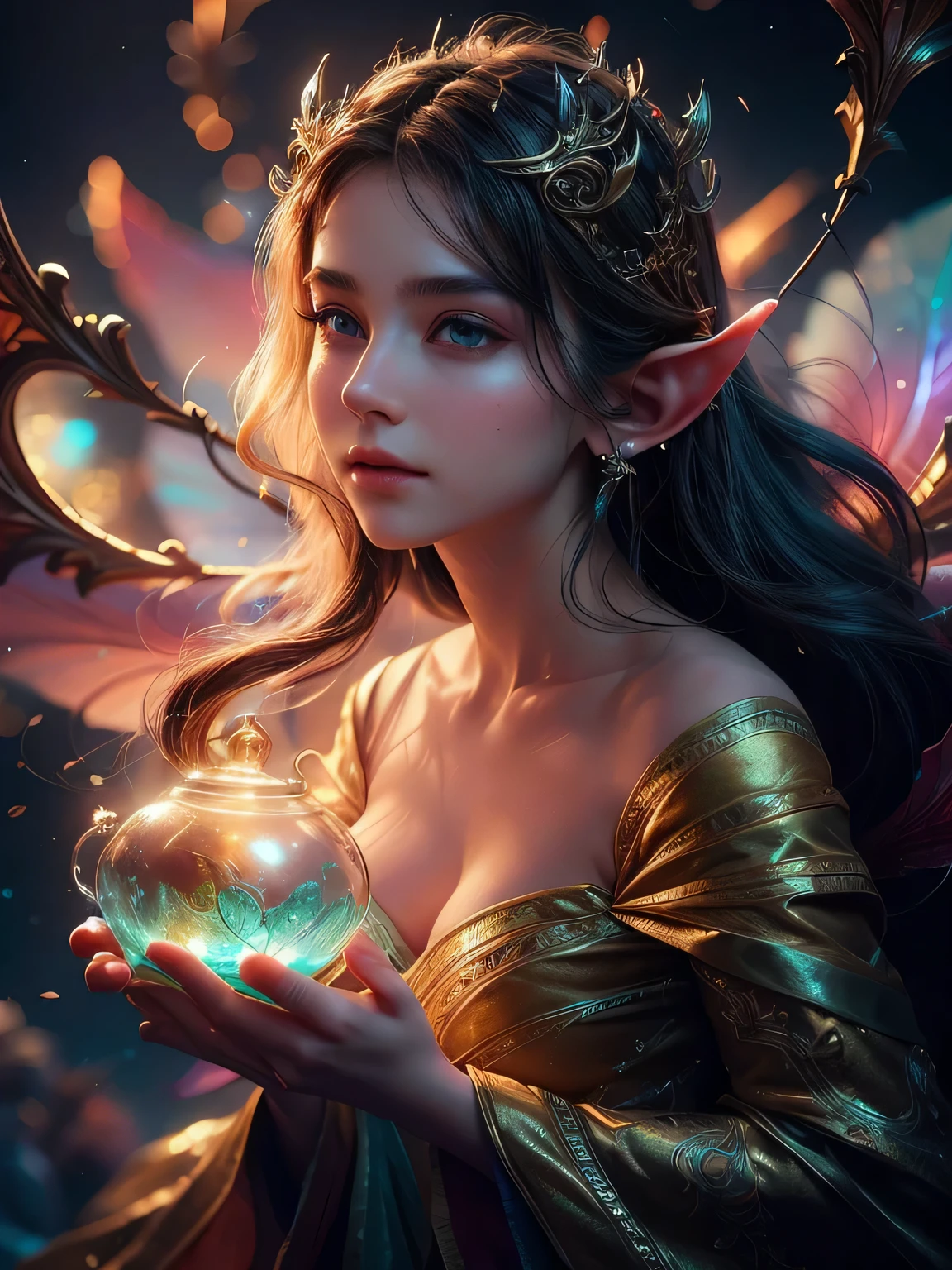(Best quality, 4k, High-resolution, Masterpiece:1.2), Ultra-detailed, Realistic, Radiant lighting, Epoch Elves, Portraits, Fantastical colors, Fine art, Ethereal beings, Dreamlike, Whimsical creatures, Detailed facial features, Glowing eyes, Elven beauties, Ethereal glow, Mythical creatures, Harmonious composition, Dazzling colors, Stunning visual effects, Otherworldly appearance, Mesmerizing artistry, 