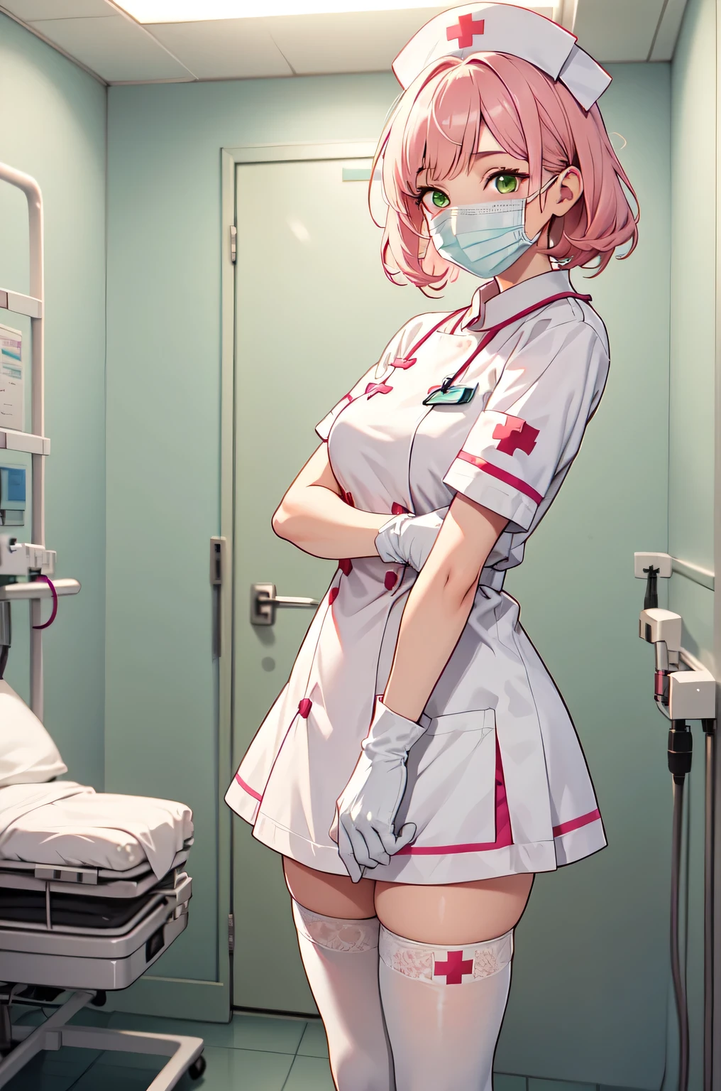 1girl, solo, nurse, white nurse cap, white nurse uniform, ((white legwear, zettai ryouiki)), white gloves, pink hair, green eyes, drooping eyes, ((white surgical mask, covered nose)), standing, ((hospital room)), sharp outline, short sleeves, best quality, masterpiece