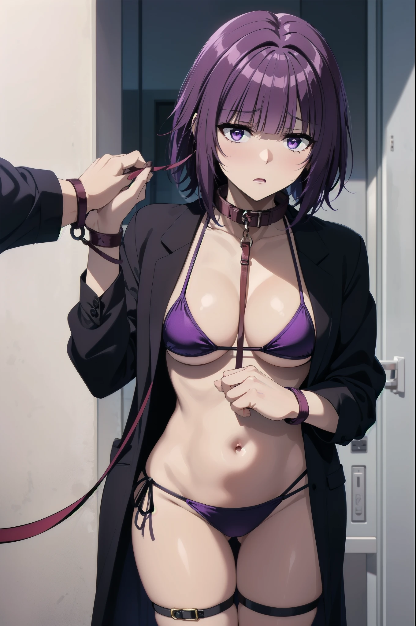 (((collar,leash,tied up,bondage,scared expression))),purple hair,purple eyes,(((bikini)))