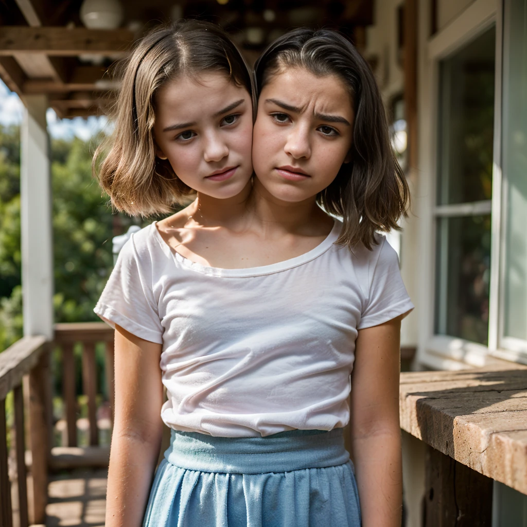 2heads, (one head 10 year old girl:1.5), (one head 14 year old girl:1.5), (uncomfortable and annoyed:1.2)