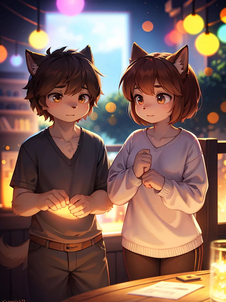 Furry、A young dog boy being given a blowjob、Back Alley、City、Shota、Kneeling cat woman、Ponytail hairstyle、((Dark Night、Neon Light、))hoodie、Embarrassed、A lot of semen、high resolution