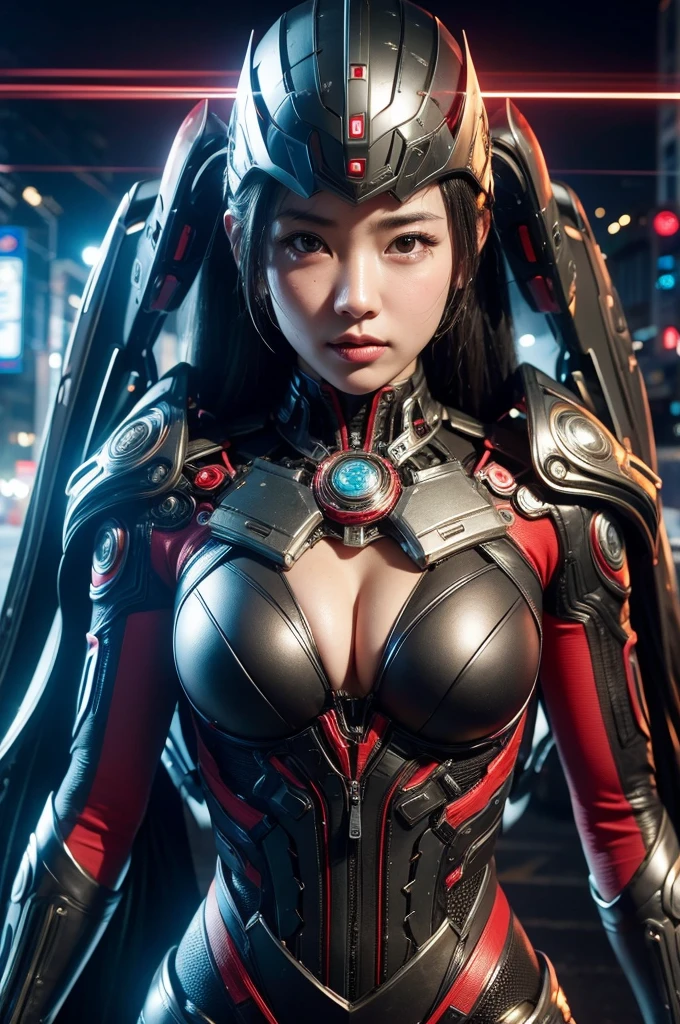 best quality, 8k, very delicate and beautiful, highly detailed face and skin texture, high resolution, big tits asain girl in futuristic suit stand on street in city at night, under neon light, full body, sharp focus