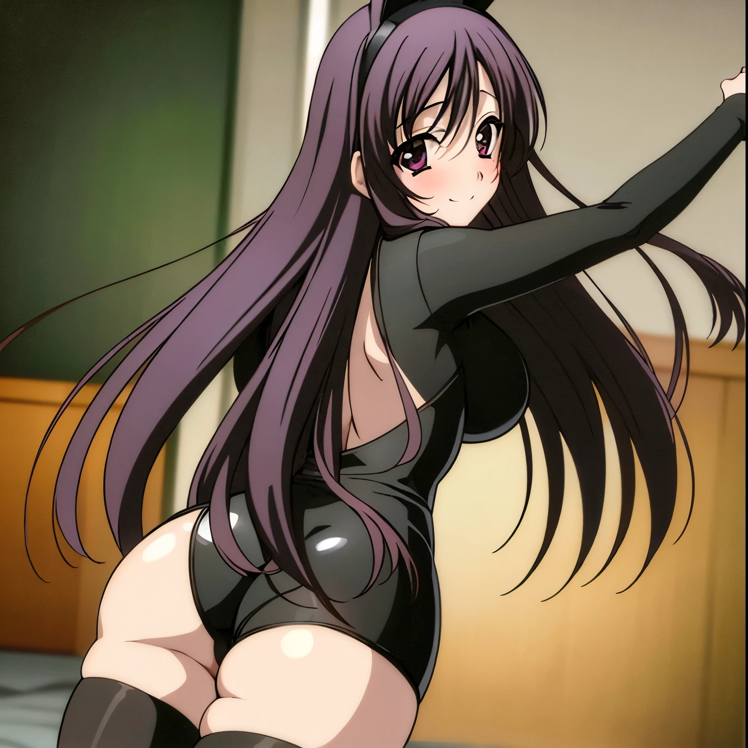 1 girl, alone, kotonoha katsura, masterpiece, illustration, best aesthetics, best quality, wide field of view, full body, detailed, ultra detailed, extremely delicate and beautiful, meticulous details, good composition, integrated landscape, integrated background, alone , big eyes, soft shadow, soft blur, sharp focus, centered character, dynamic pose, cowboy photo, official art, alone, looking at viewer, looking back, from behind,, focus on butt, pov(from below) , thighs, bright eyes, curvy body, shiny skin, blush, incredibly beautiful, smile, 1 girl, beautiful face, {{big breasts}}, beautiful detailed eyes, breasts, big breasts, big breasts, medium waist, wide hips , wide thighs, round butt, long black hair, black eyes, split bangs, dark purple playboy bunny outfit, black headband, black bunny ears, black pantyhose, black heels, pretty hands, perfect hands, perfect anatomy, embarrassed, white skin, smile, (big breasts), (maiden's body), chichibukuro, 1 Girl, alone, dynamic pose, interior, house, room, bedroom, nightscape, standing, blushing, long hair, (hand between legs ), between the legs, cleavage, black zapari, leavage, smile, blush, hot,
