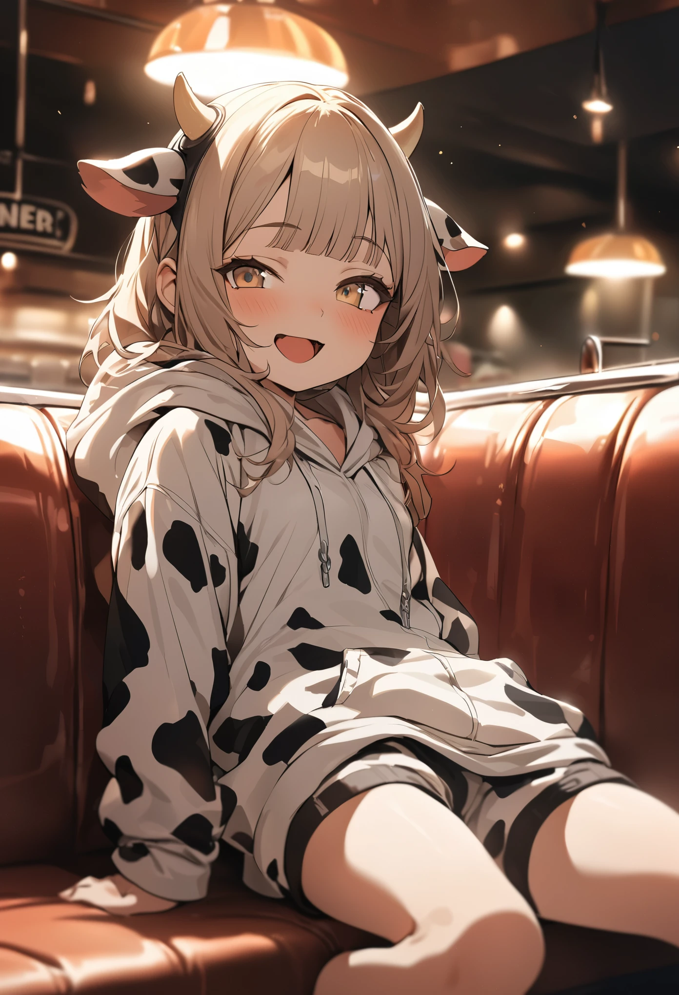 ((Masterpiece)), ((best quality)), (Anime:1.4), (super detail:1.2), (High Definition:1.3), (Professional Photography:1.3), (wide shot), (sharp focus), (perfect light), ((12 years old)), 1girl, ((wearing Cow-patterned oversized hoodie)), fluffy shorts, cinematic lighting, Textured skin, messy hair, (loose blunt bangs), teenage girl, (Healthy slim body), small breasts, cute eyes, ((naughty face)), (open mouth), (put on cow ears), pale brown hair, Cute Beautiful girl, Thin accessories, ((slightly undressing hoodie)), (kneeling on the diner couch)