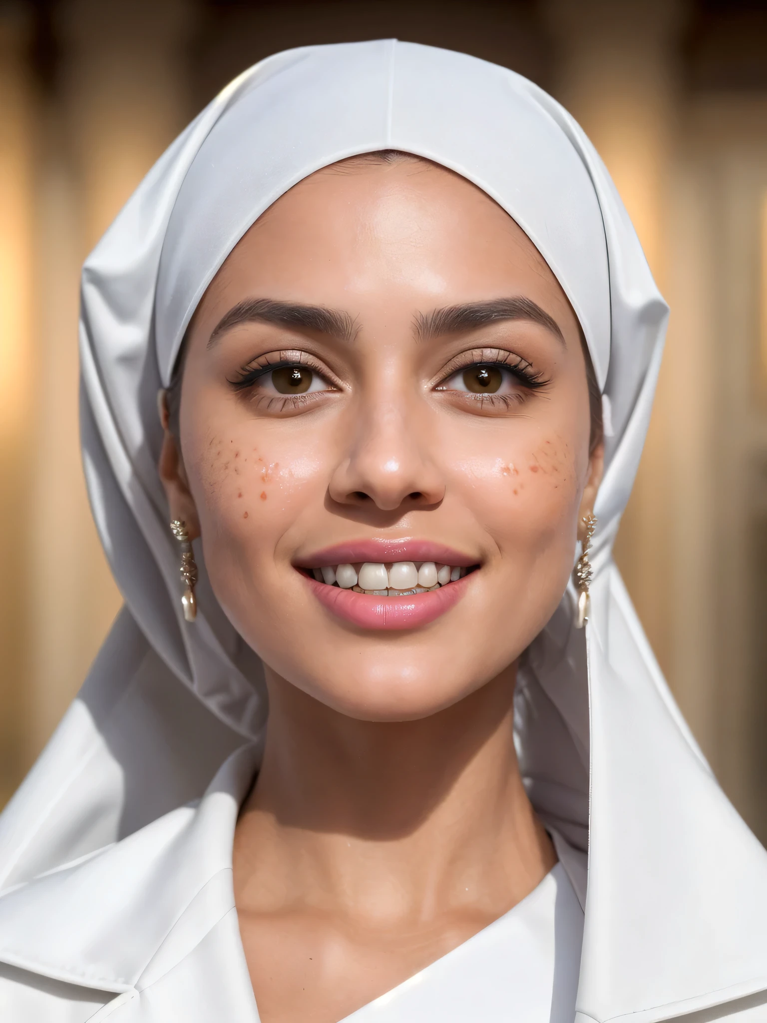 (8k, highest quality, ultra high resolution, photorealistic:1.4, UHD, ultra detailed:1.37, mid-range image),1girl, in a dentist clinic, white teethes, small nose, big eyes, 18yo, black jacket, light brown eyes, small head, acne,bad skin,small nose, acne skin, real, thick hair, super realistic detailed eyes, super realistic detailed teethes, Arab women, modest, attractive smile, white teeth, showcases her unique fashion sense in a trendy setting. The high-resolution image captures ultra-detailed realism, highlighting confident pose, captivating eyes, big eyes, and flawless complexion.