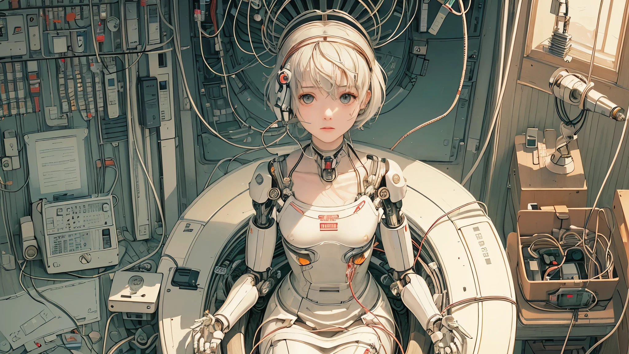 (((masterpiece))), (((highest quality))), ((Very detailed)), (Highly detailed CG illustrations), ((Very delicate and beautiful)),(Cute and delicate face),Light,((1. Machine Girl)),alone,whole body,(Machine made joints:1.4),((Mechanical Limbs)),(Muscles bulge),(Blood vessels are connected to tubes),(Brain in a container:1.3),((Mechanical vertebrae attached to the back)),((Mechanical cervical vertebrae attached to the neck)),((Sitting)),poker face,(Wires and cables attached to head and body:1.5),Small breasts,short hair,(Character Focus),SF
