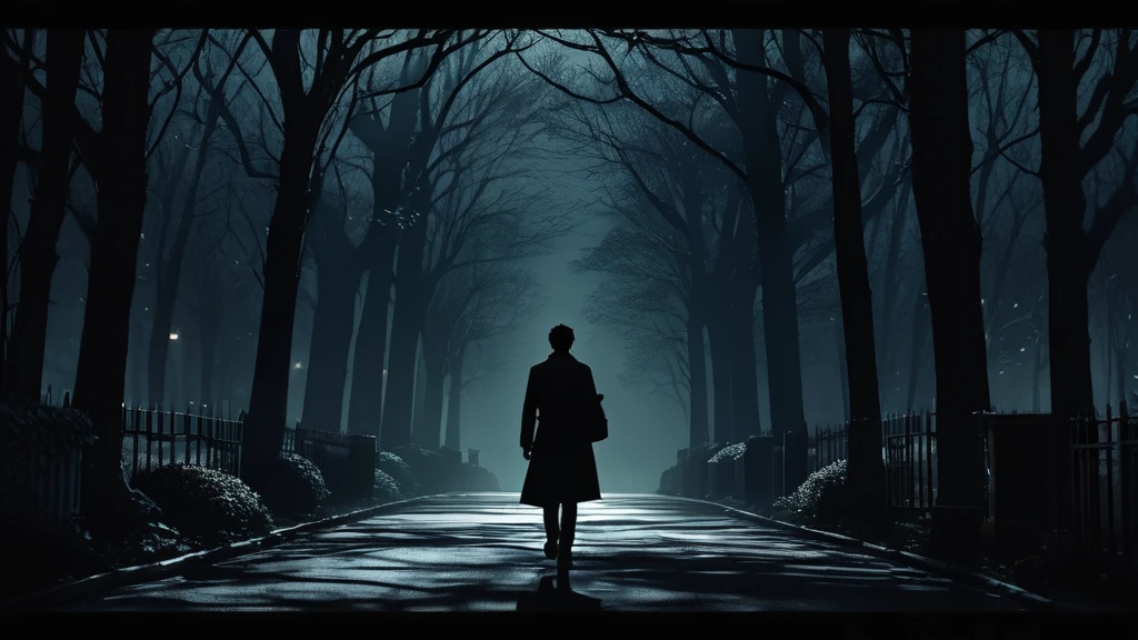 a man's silhouette, man with bag, walking at night, tree-lined street, moonlight illumination, horror, anime style, moody lighting, dark atmosphere, intricate details, cinematic composition, dramatic shadows, mysterious, eerie, otherworldly, muted color palette, chiaroscuro lighting, hyper-detailed, masterpiece, best quality, 8k, photorealistic