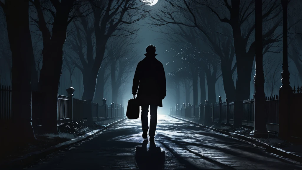 a man's silhouette, man with bag, walking at night, tree-lined street, moonlight illumination, horror, anime style, moody lighting, dark atmosphere, intricate details, cinematic composition, dramatic shadows, mysterious, eerie, otherworldly, muted color palette, chiaroscuro lighting, hyper-detailed, masterpiece, best quality, 8k, photorealistic