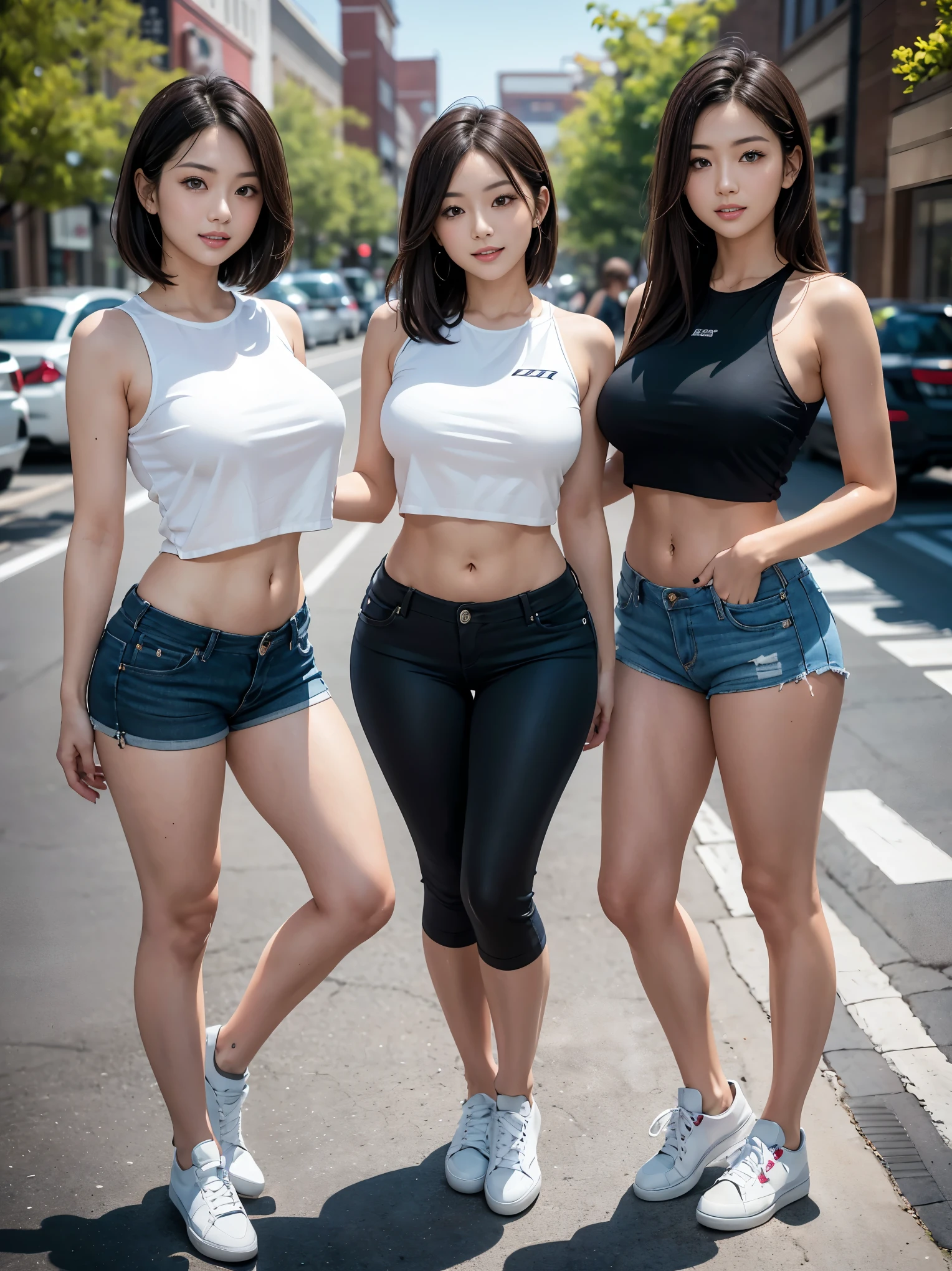 (Best Quality, Masterpiece, Photo realistic, Ultra Detailed, ultra high res, raw), (4 girls, group shot), pretty, Japanese, smile, bangs, double eyelids, (big breasts:1.3), (long hair| medium hair| short hair), (LowriseXL, LowwaistXL, groin), (cropped camisole), skinny jeans, navel, (sneaker, beautiful long legs, full body), main street, fashion model posing,