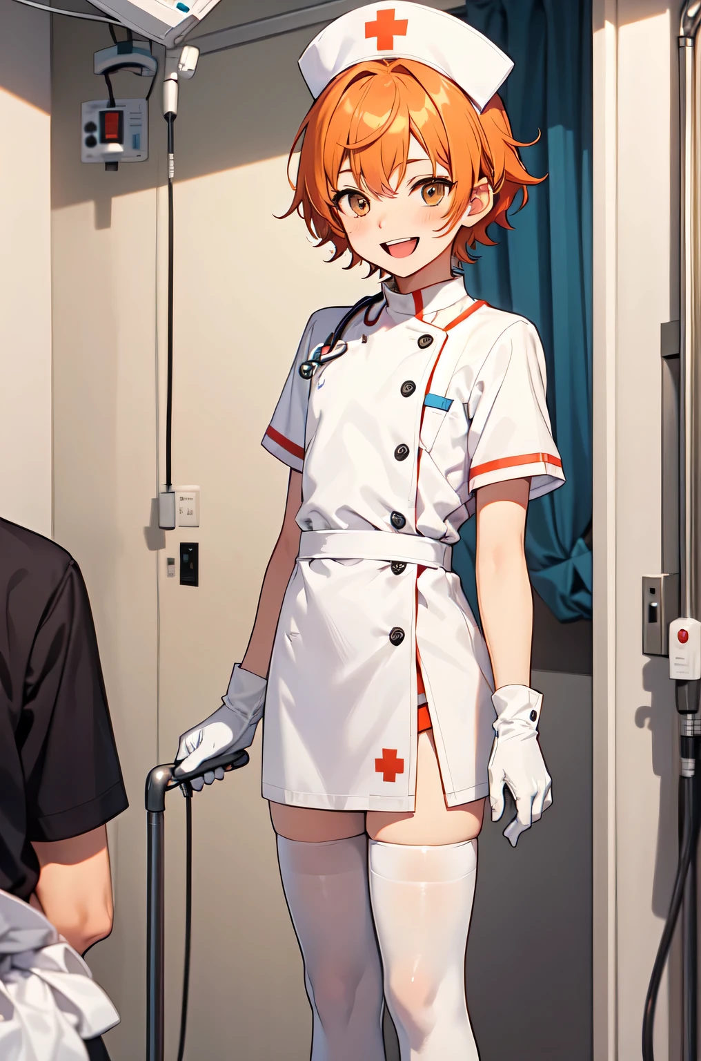 1boy, solo, male focus, nurse, white nurse cap, white nurse uniform, ((white legwear, zettai ryouiki)), white gloves, short hair, orange hair, smile, open mouth, standing, ((hospital room)), sharp outline, short sleeves, shota, , best quality, masterpiece