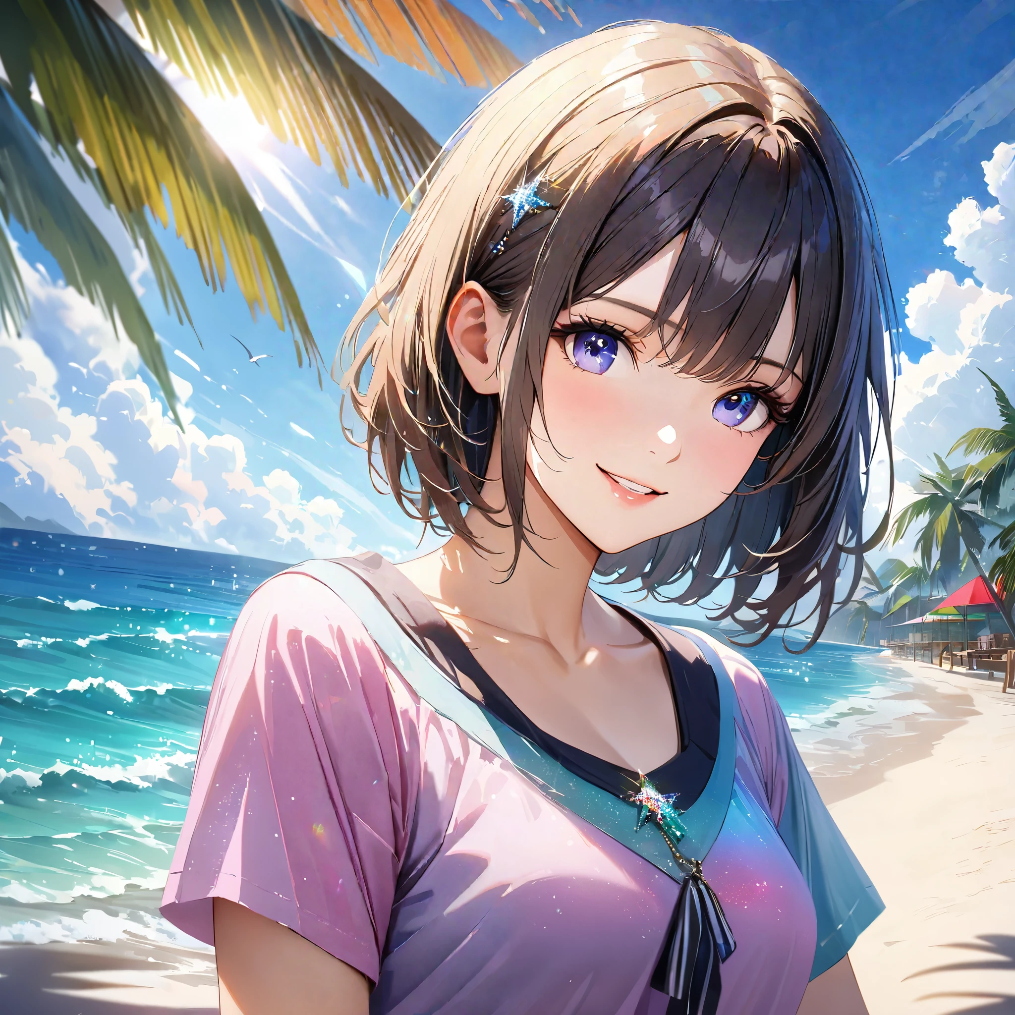 Sparkling sea and tropical ocean, Sunny sky with fluffy white clouds, Palm trees along the coast, Blur the background,Pleasant sea breeze,High school girls,short hair,smile,Glitter effect,highest quality, 4K, 8k, High resolution, masterpiece:1.2, Very detailed, Realistic:1.37, High resolution, 超High resolution, Ultra-fine painting, Sharp focus, Physically Based Rendering, Very detailedな説明, Professional, Vibrant colors