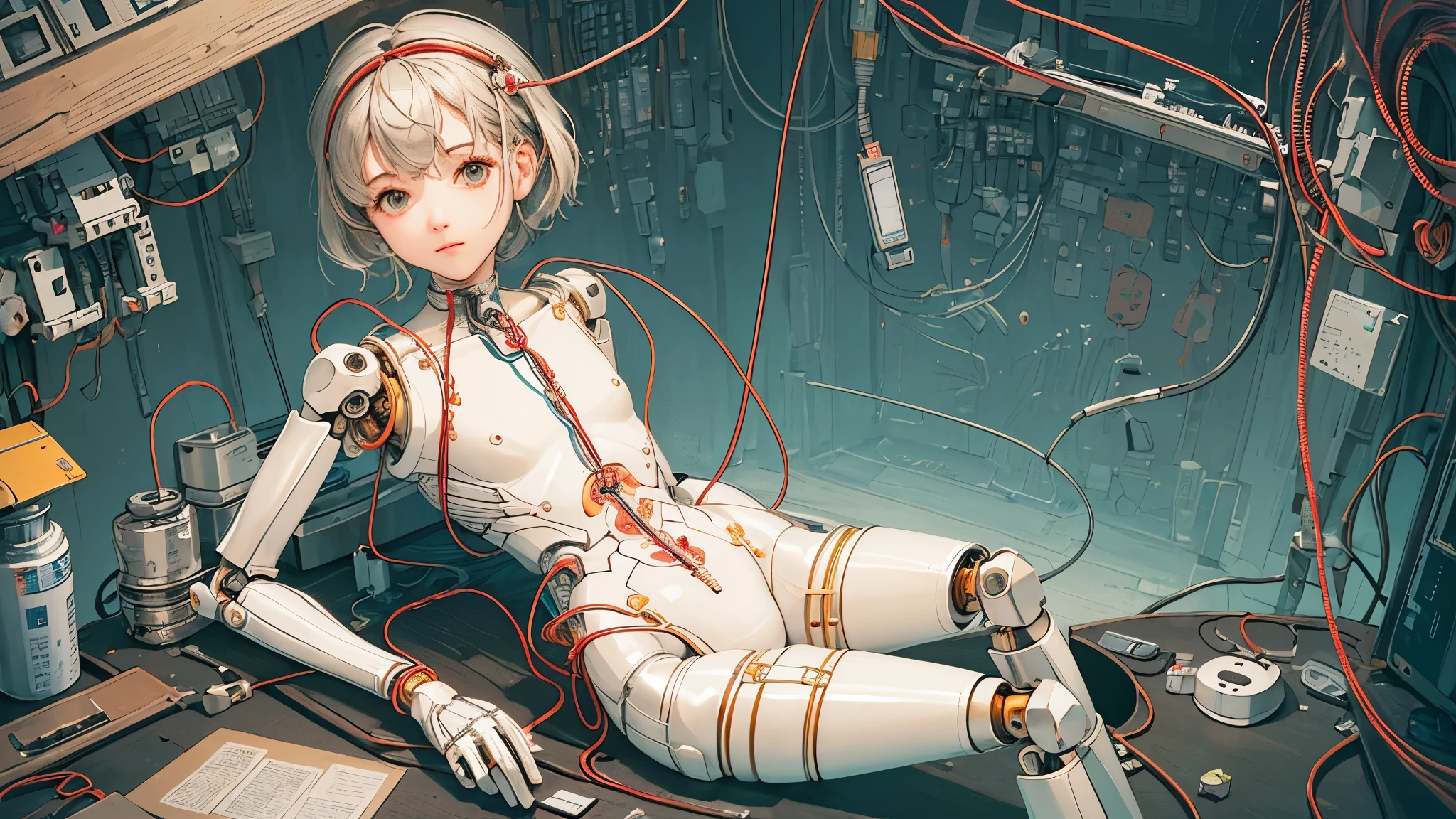 (((masterpiece))), (((highest quality))), ((Very detailed)), (Highly detailed CG illustrations), ((Very delicate and beautiful)),(Cute and delicate face),Light,((1. Machine Girl)),alone,whole body,(Machine made joints:1.4),((Mechanical Limbs)),(Muscles bulge),(Blood vessels are connected to tubes),(Brain in a container:1.3),((Mechanical vertebrae attached to the back)),((Mechanical cervical vertebrae attached to the neck)),((Sitting)),poker face,(Wires and cables attached to head and body:1.5),Small breasts,short hair,(Character Focus),SF