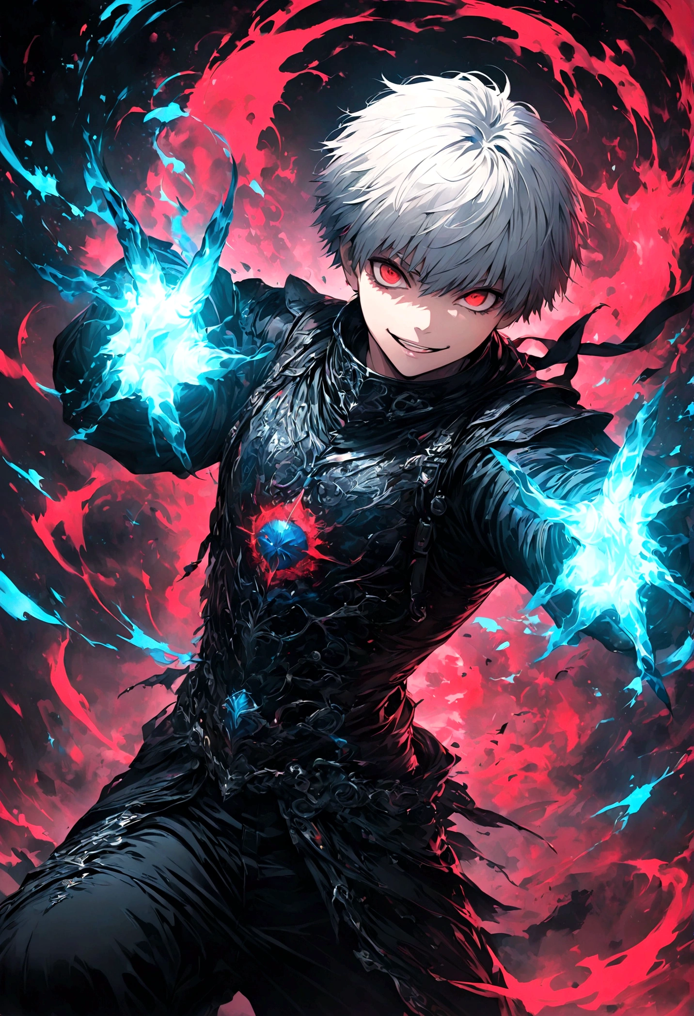 1 male,Kaneki,Tokyo Ghoul,,Midori Ishida's painting style,Intricate details,Use black and white as your main colors,Decadent,artwork,rendering,Dynamic pose,(masterpiece:1.3),(highest quality:1.4),(Super detailed:1.5),High resolution,Very detailed,unity 8k wallpaper,Dark fantasy,Glare,Fighting Style,Crazy Smile,Coming soon,Images that inspire fear in the viewer