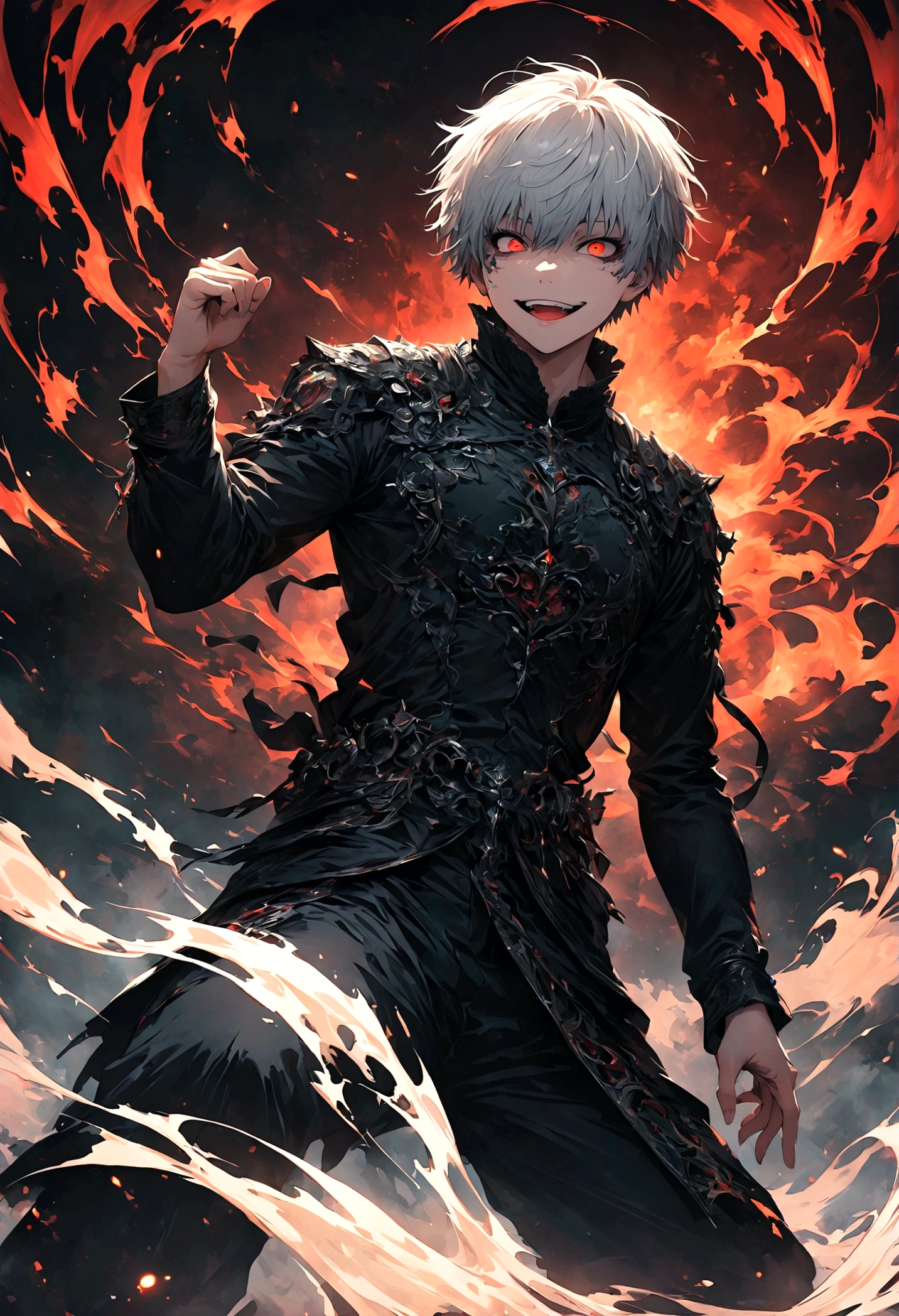 1 male,Kaneki,Tokyo Ghoul,,Midori Ishida's painting style,Intricate details,Use black and white as your main colors,Decadent,artwork,rendering,Dynamic pose,(masterpiece:1.3),(highest quality:1.4),(Super detailed:1.5),High resolution,Very detailed,unity 8k wallpaper,Dark fantasy,Glare,Fighting Style,Crazy Smile,Coming soon,Images that inspire fear in the viewer