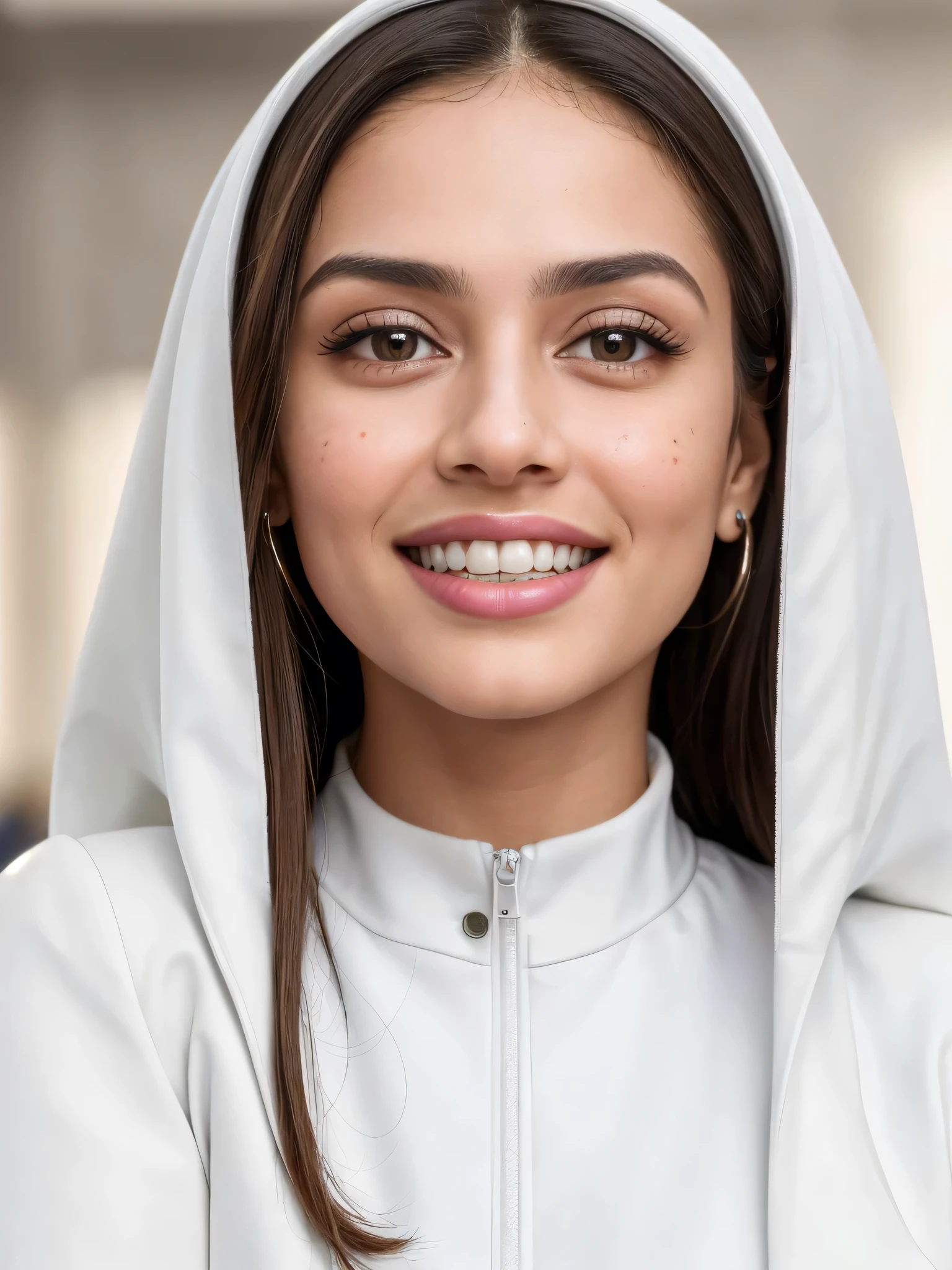 (8k, highest quality, ultra high resolution, photorealistic:1.4, UHD, ultra detailed:1.37, mid-range image),1girl, in a dentist clinic, white teethes, small nose, big eyes, 18yo, black jacket, light brown eyes, small head, acne,bad skin,small nose, acne skin, real, thick hair, super realistic detailed eyes, super realistic detailed teethes, Arab women, modest, attractive smile, white teeth, showcases her unique fashion sense in a trendy setting. The high-resolution image captures ultra-detailed realism, highlighting confident pose, captivating eyes, big eyes, and flawless complexion.