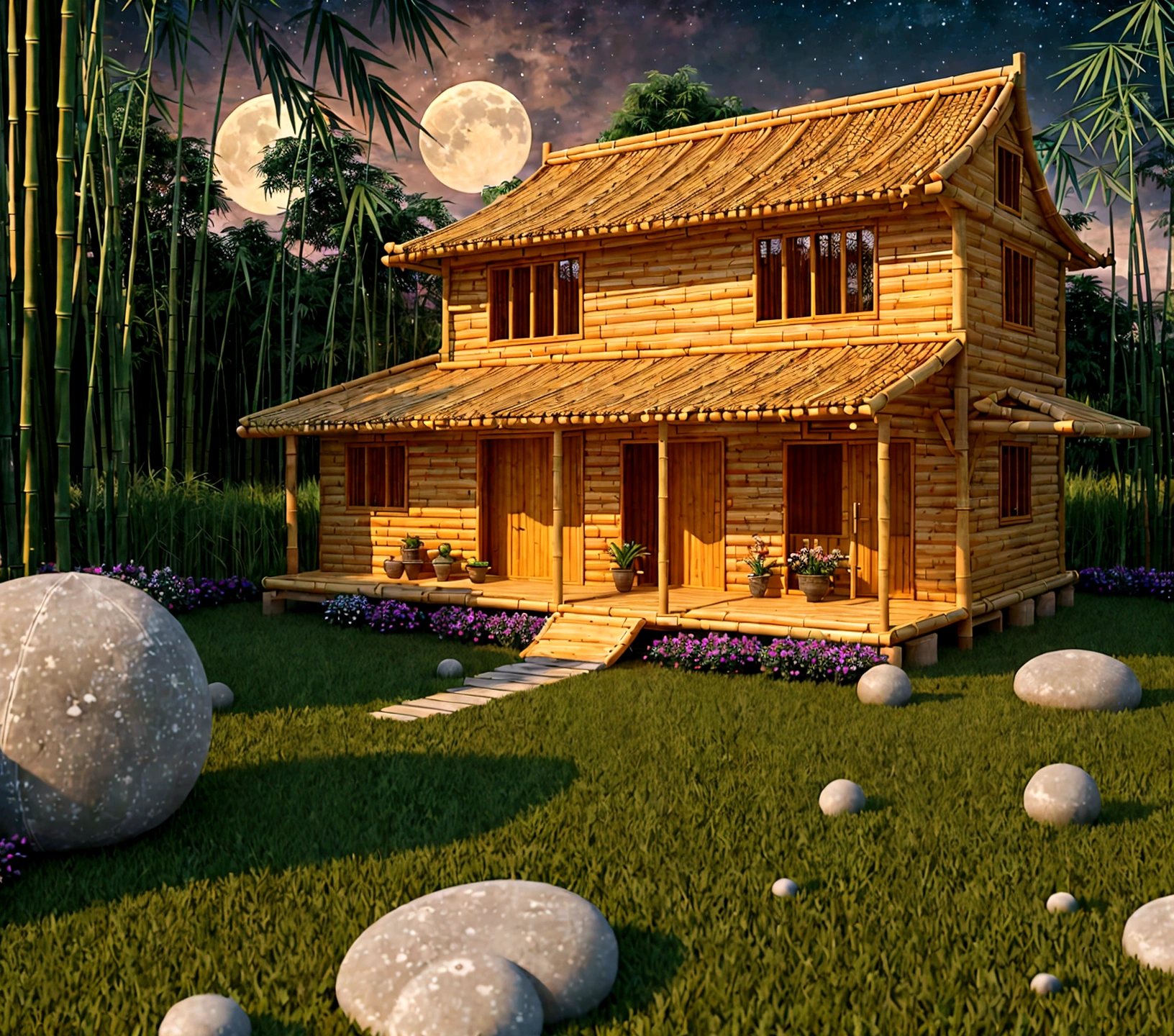 create a bamboo house, ultrarealistic, moons, fish tank, 4k, gras, flowers, oven