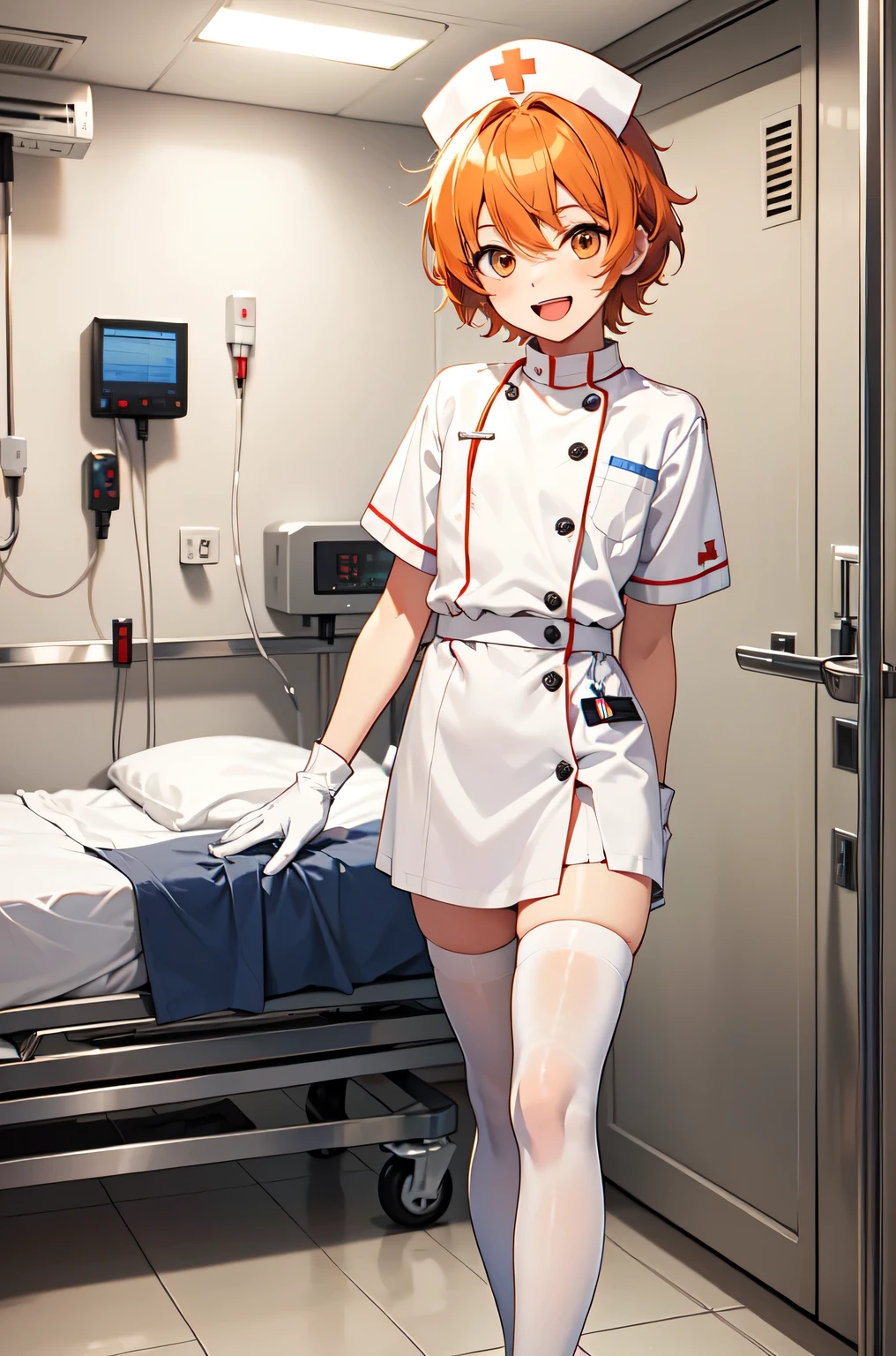 1boy, solo, male focus, nurse, white nurse cap, white nurse uniform, ((white legwear, zettai ryouiki)), white gloves, short hair, orange hair, smile, open mouth, standing, ((hospital room)), sharp outline, short sleeves, shota, 12 years old, best quality, masterpiece