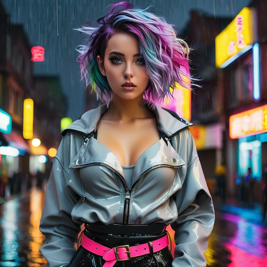 portrait, 1 girl, beautiful face, asymmetrical hair, multi-colored hair, belt, bodysuit, covered mouth, covered navel, detached sleeves, grey eyes, hip vent, open jacket, cute, look at viewer, night city, neon, rainy,
