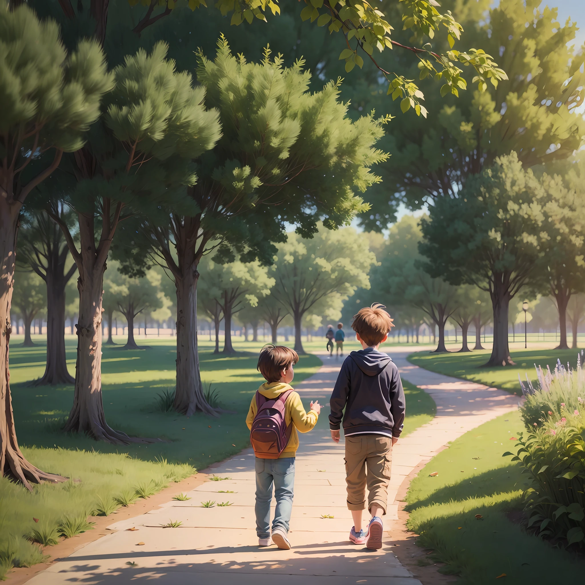 Children, boy and girl, magical encounter, destination, connection, playing in a park in the grass, 3d cartoon for children,late afternoon, colorful, --auto --s2