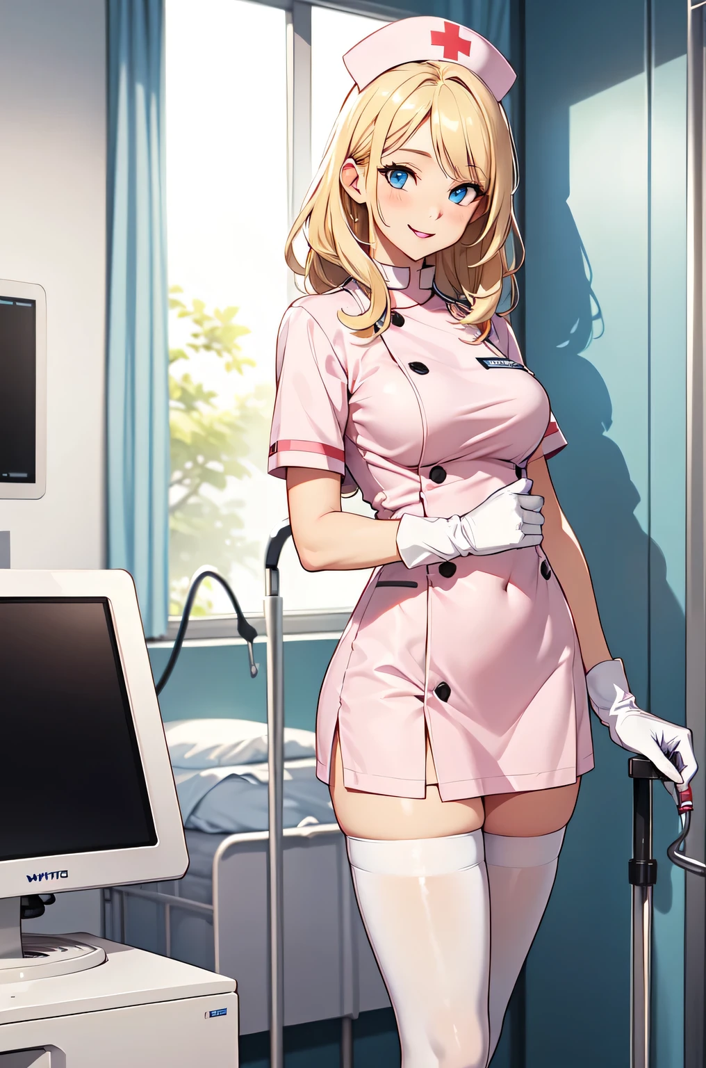 1woman, solo, nurse, white nurse cap, white nurse uniform, ((white legwear, zettai ryouiki)), white gloves, blonde hair, blue eyes, pink lips, smile, standing, ((hospital room)), sharp outline, short sleeves, mature female, 35 years old, best quality, masterpiece