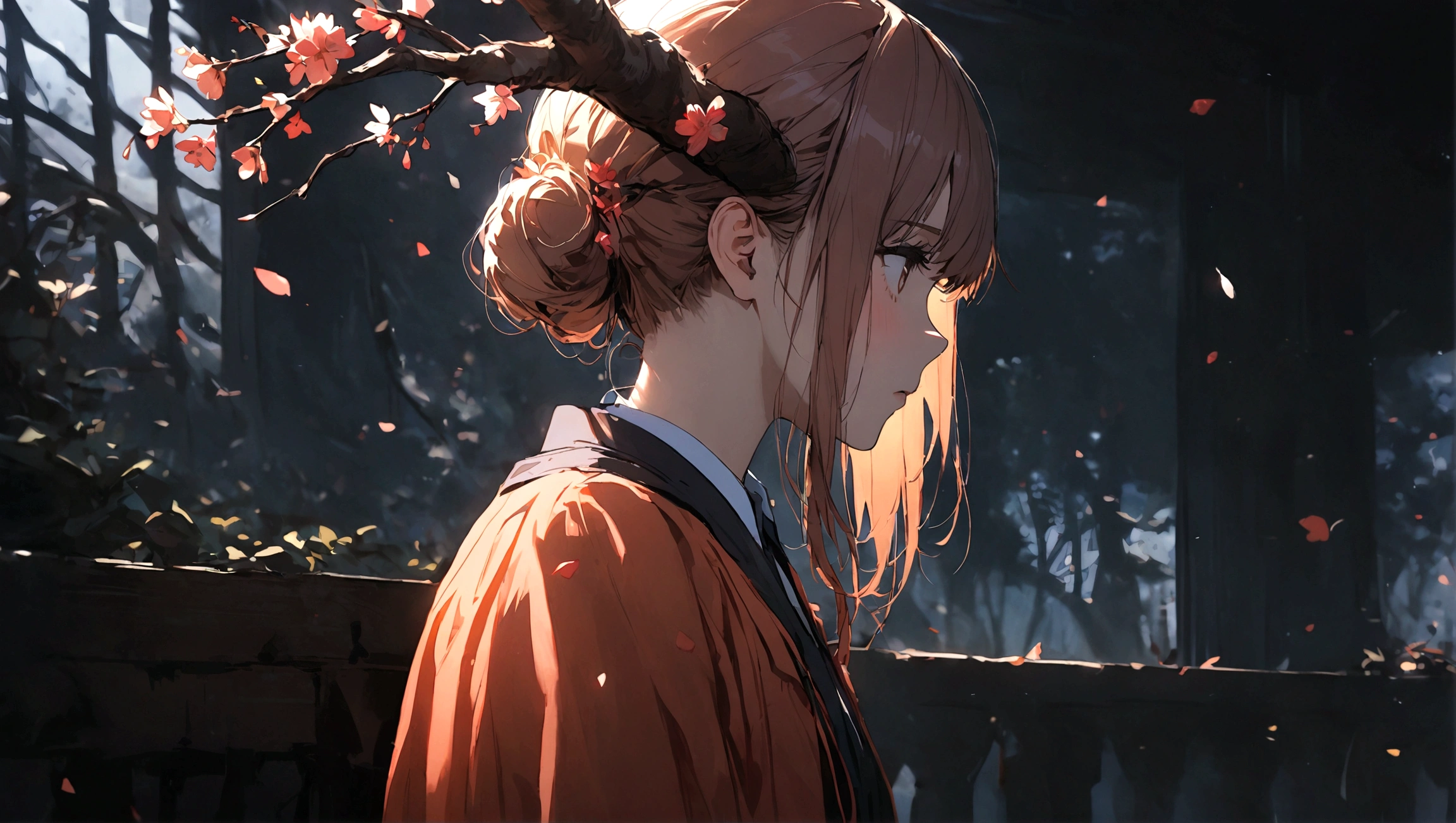 1girl in,sakura tree branch on head,profile